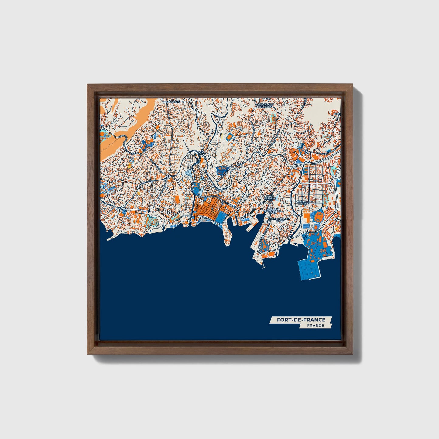 Fort-De-France France Colorful City Map Canvas Print • Dark Wooden Framed