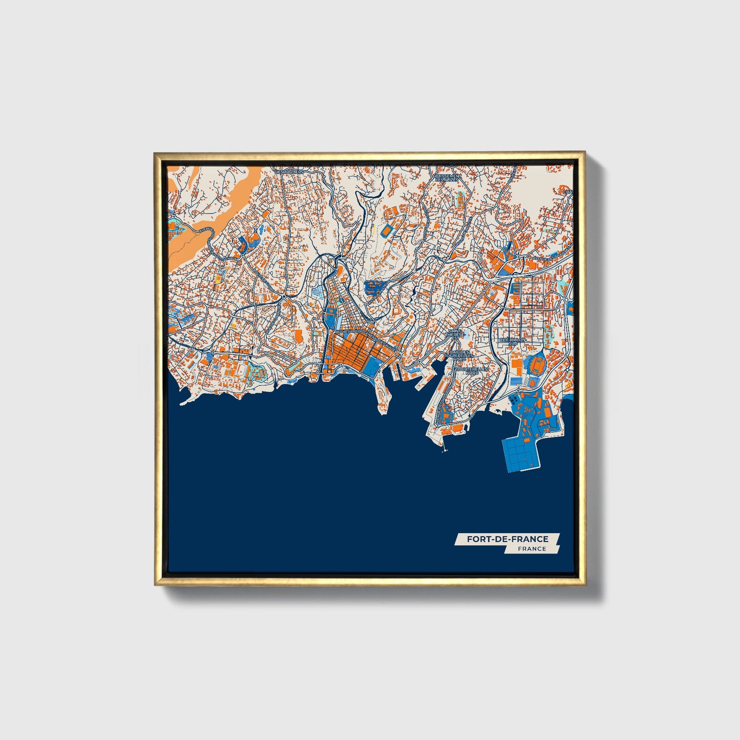 Fort-De-France France Colorful City Map Canvas Print • Gold Framed