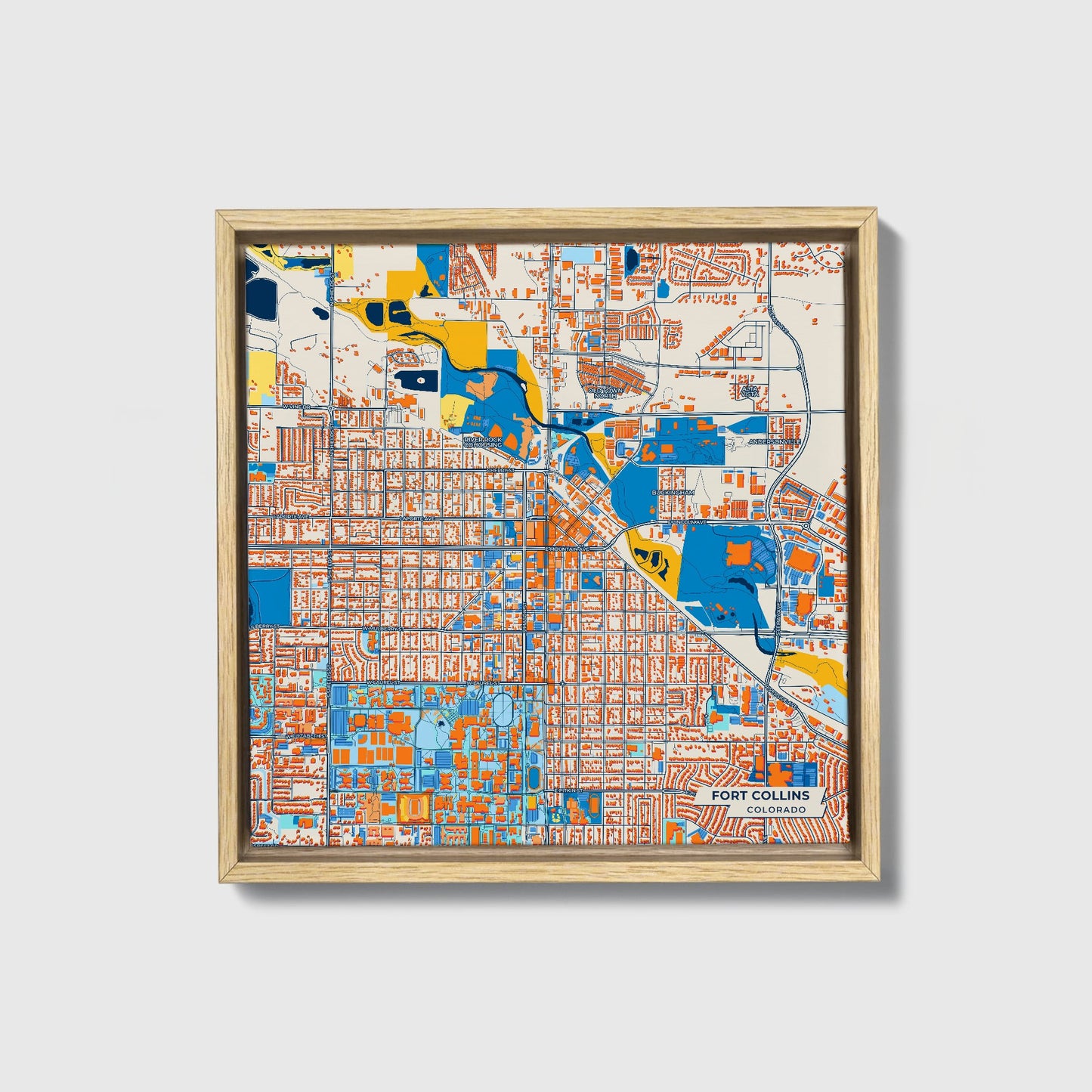 Fort Collins Colorado Colorful City Map Canvas Print • Natural Wooden Framed