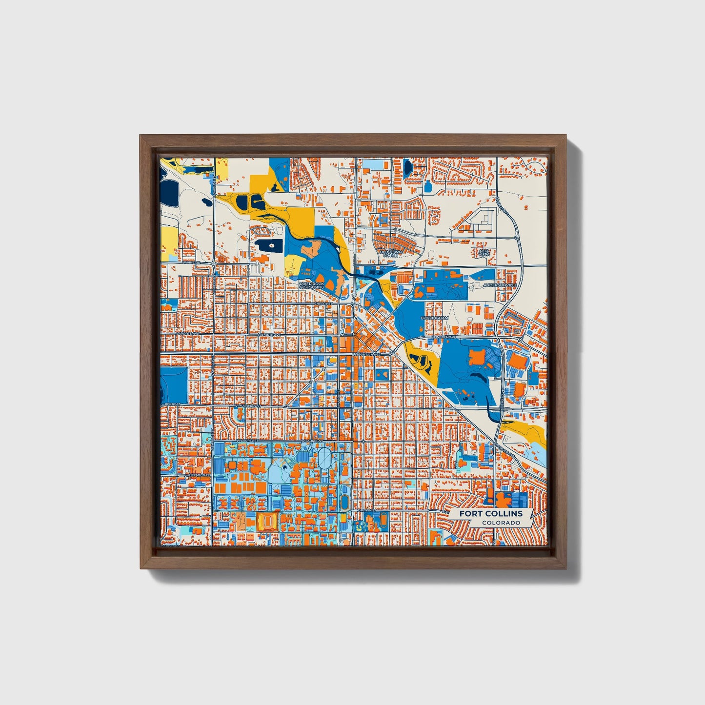 Fort Collins Colorado Colorful City Map Canvas Print • Dark Wooden Framed
