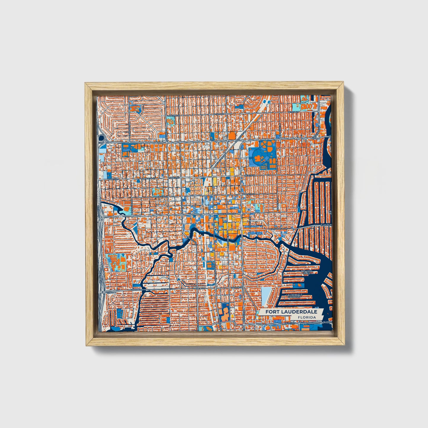 Fort Lauderdale Florida Colorful City Map Canvas Print • Natural Wooden Framed