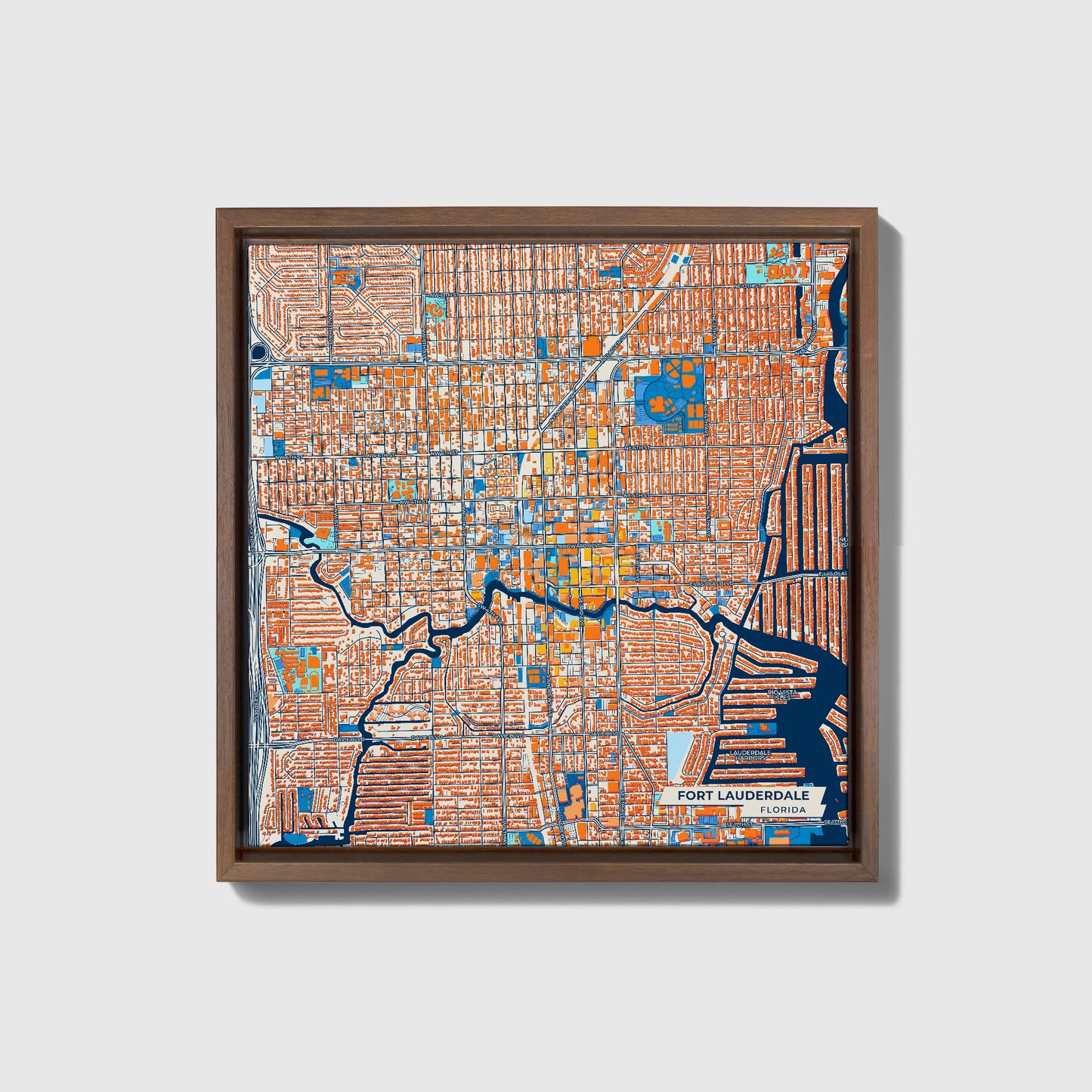Fort Lauderdale Florida Colorful City Map Canvas Print • Dark Wooden Framed