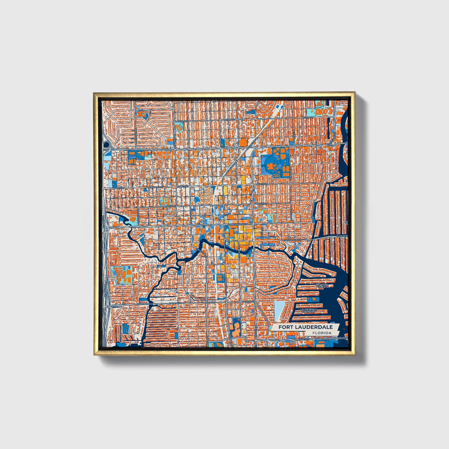 Fort Lauderdale Florida Colorful City Map Canvas Print • Gold Framed