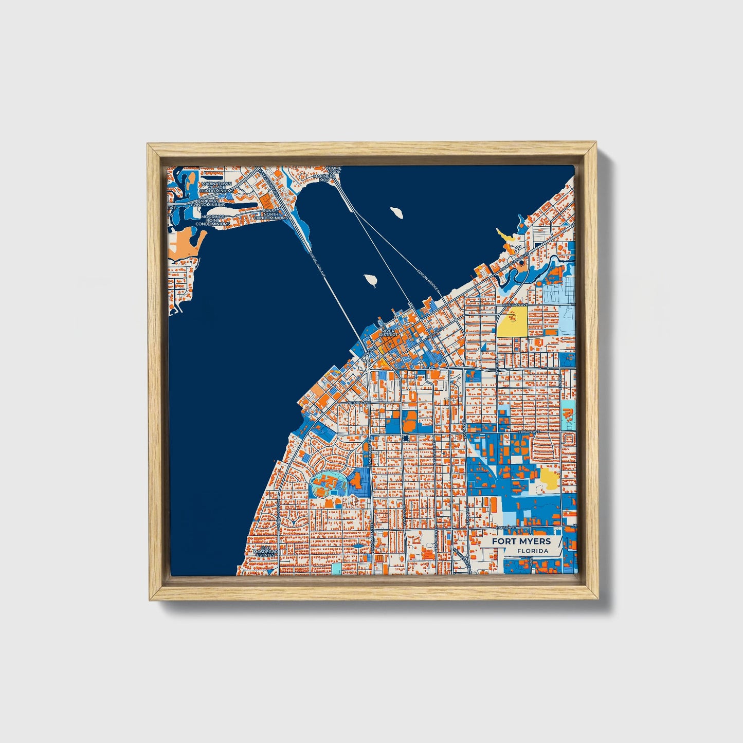 Fort Myers Florida Colorful City Map Canvas Print • Natural Wooden Framed