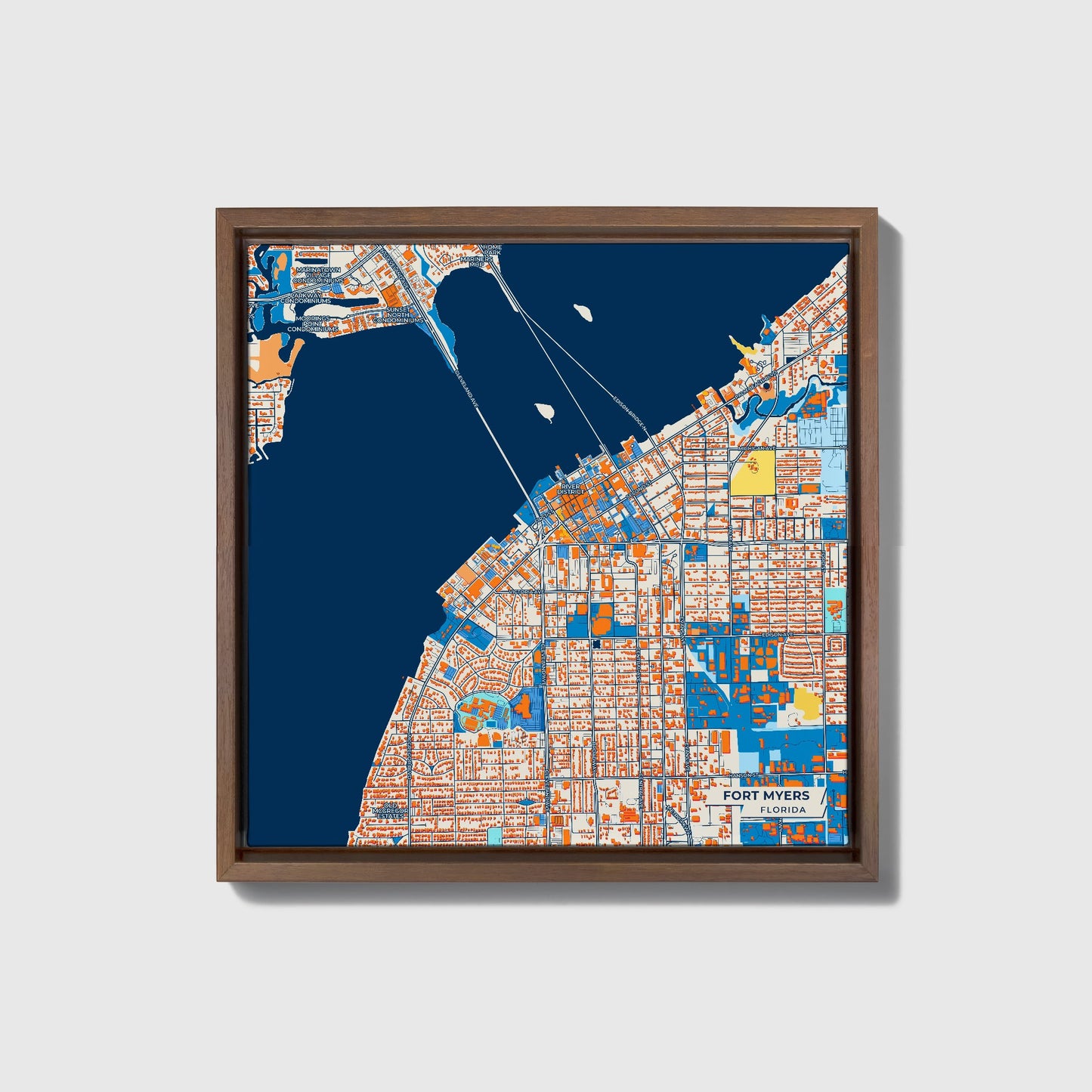 Fort Myers Florida Colorful City Map Canvas Print • Dark Wooden Framed