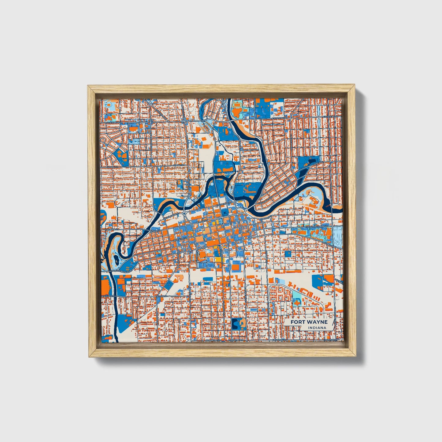 Fort Wayne Indiana Colorful City Map Canvas Print • Natural Wooden Framed