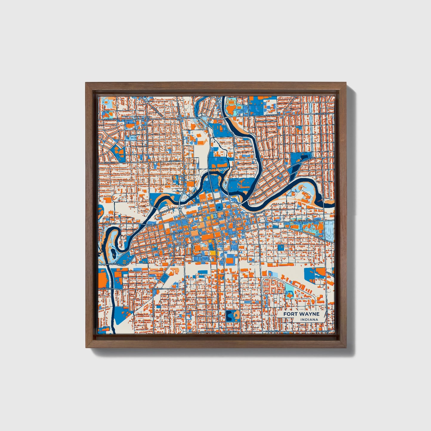 Fort Wayne Indiana Colorful City Map Canvas Print • Dark Wooden Framed