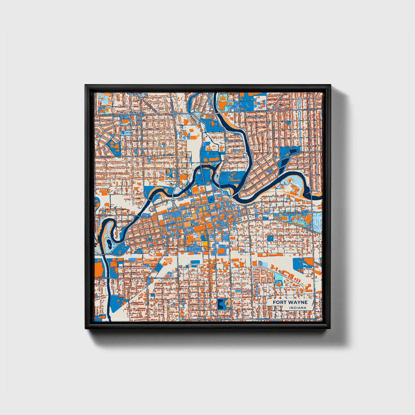 Fort Wayne Indiana Colorful City Map Canvas Print • Black Framed