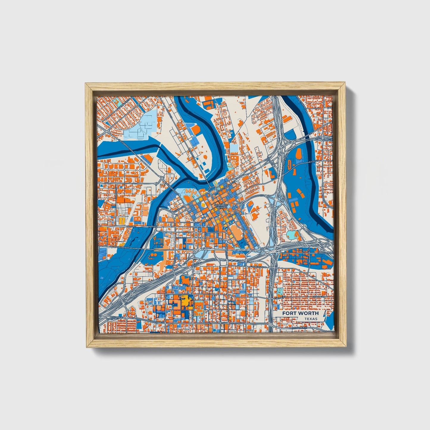 Fort Worth Texas Colorful City Map Canvas Print • Natural Wooden Framed