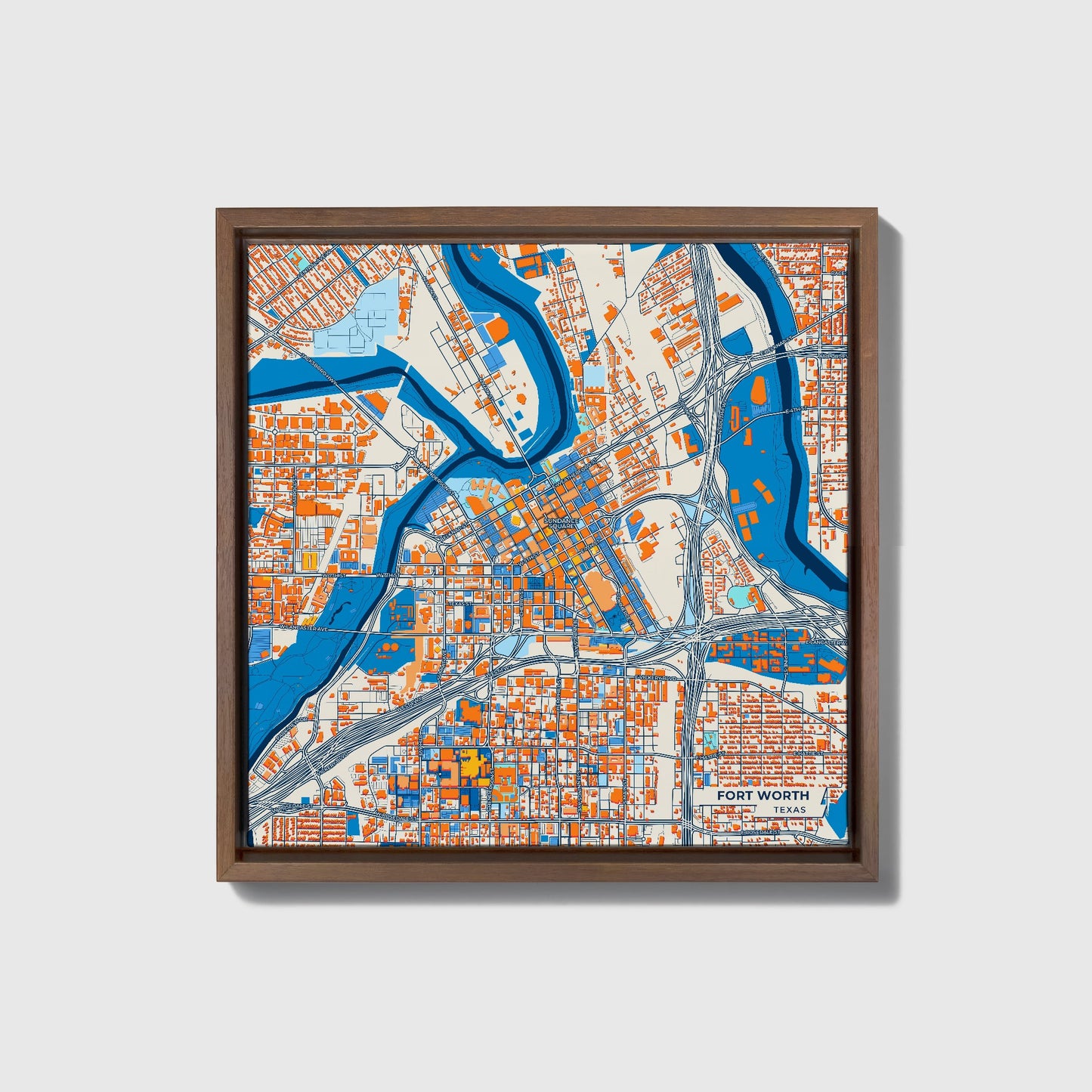Fort Worth Texas Colorful City Map Canvas Print • Dark Wooden Framed