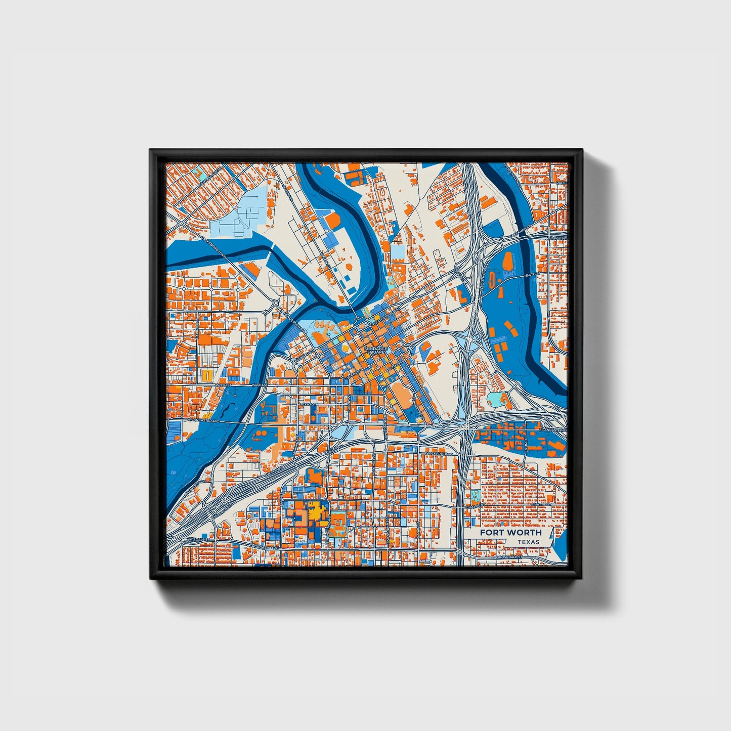 Fort Worth Texas Colorful City Map Canvas Print • Black Framed
