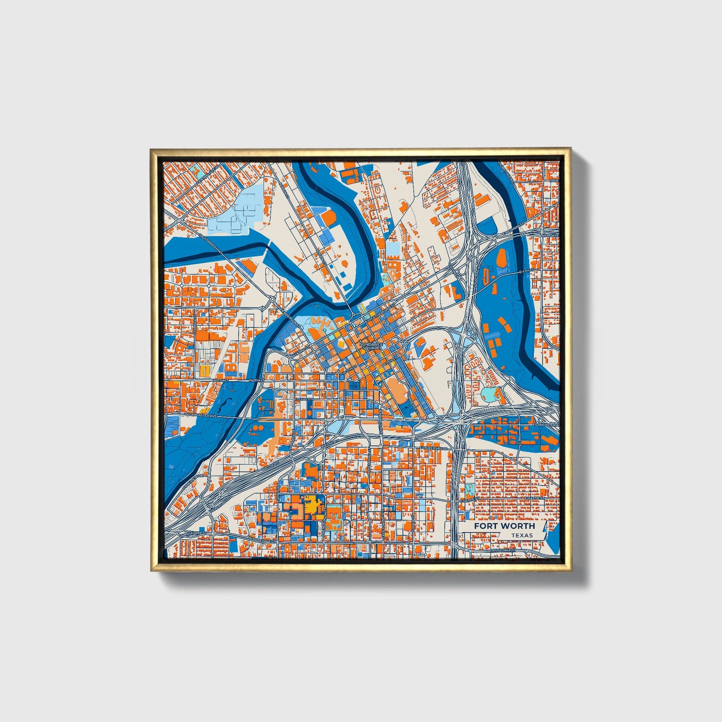 Fort Worth Texas Colorful City Map Canvas Print • Gold Framed