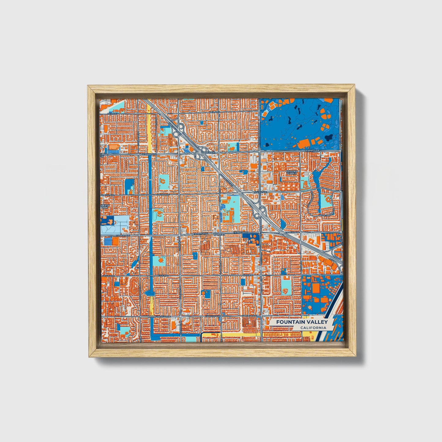 Fountain Valley California Colorful City Map Canvas Print • Natural Wooden Framed