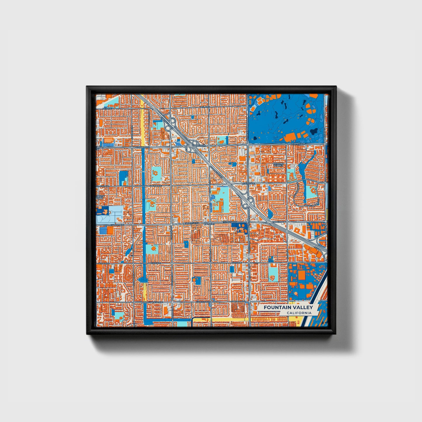 Fountain Valley California Colorful City Map Canvas Print • Black Framed