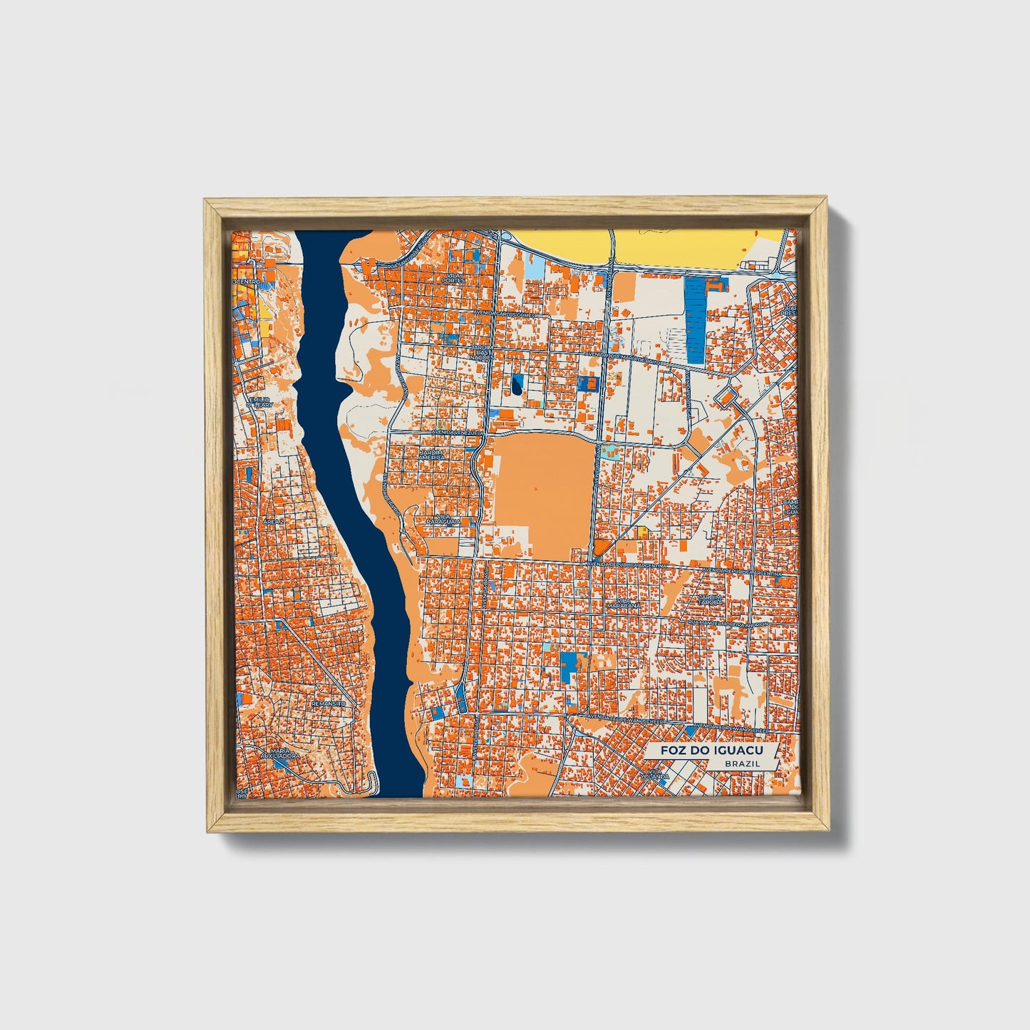 Foz Do Iguacu Brazil Colorful City Map Canvas Print • Natural Wooden Framed