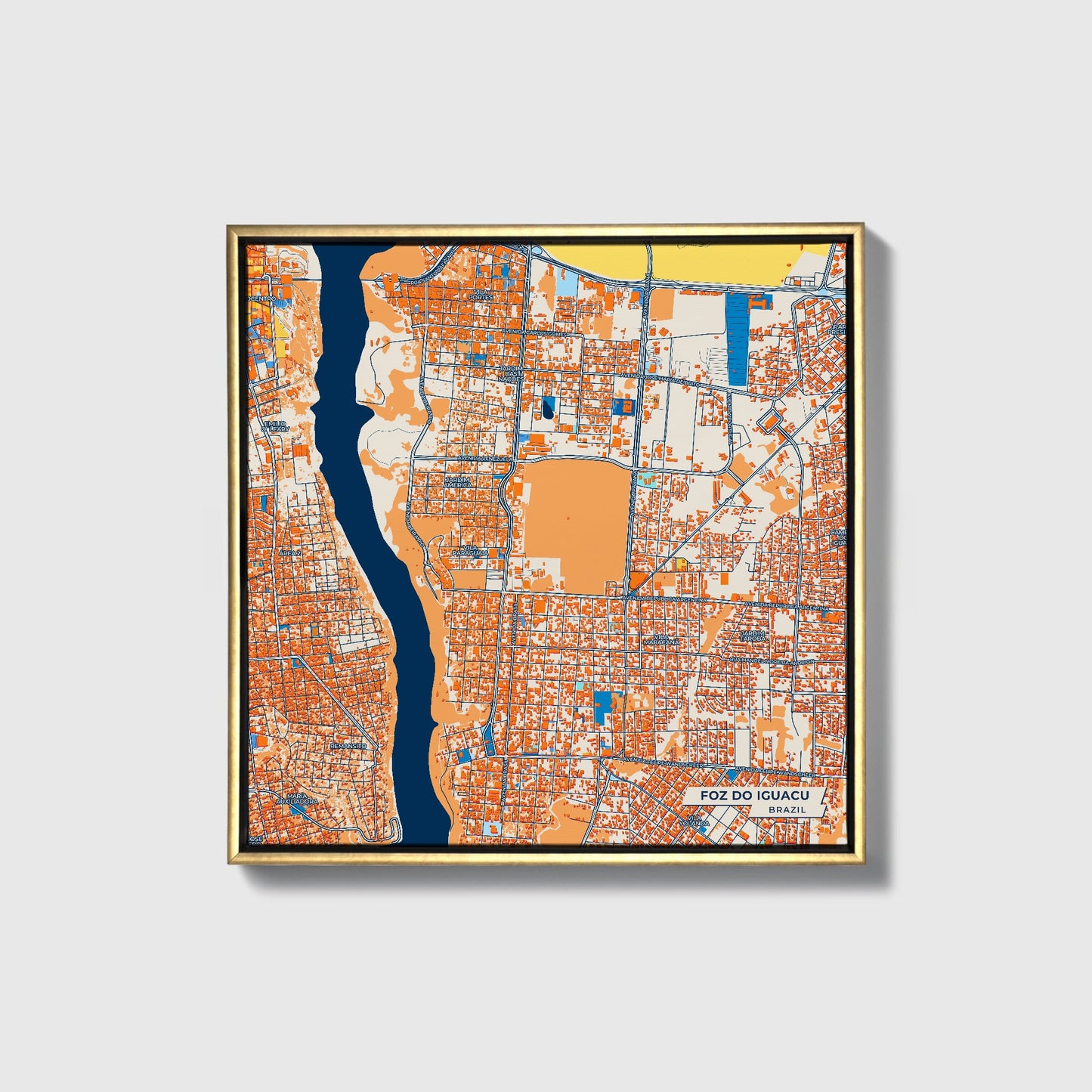 Foz Do Iguacu Brazil Colorful City Map Canvas Print • Gold Framed