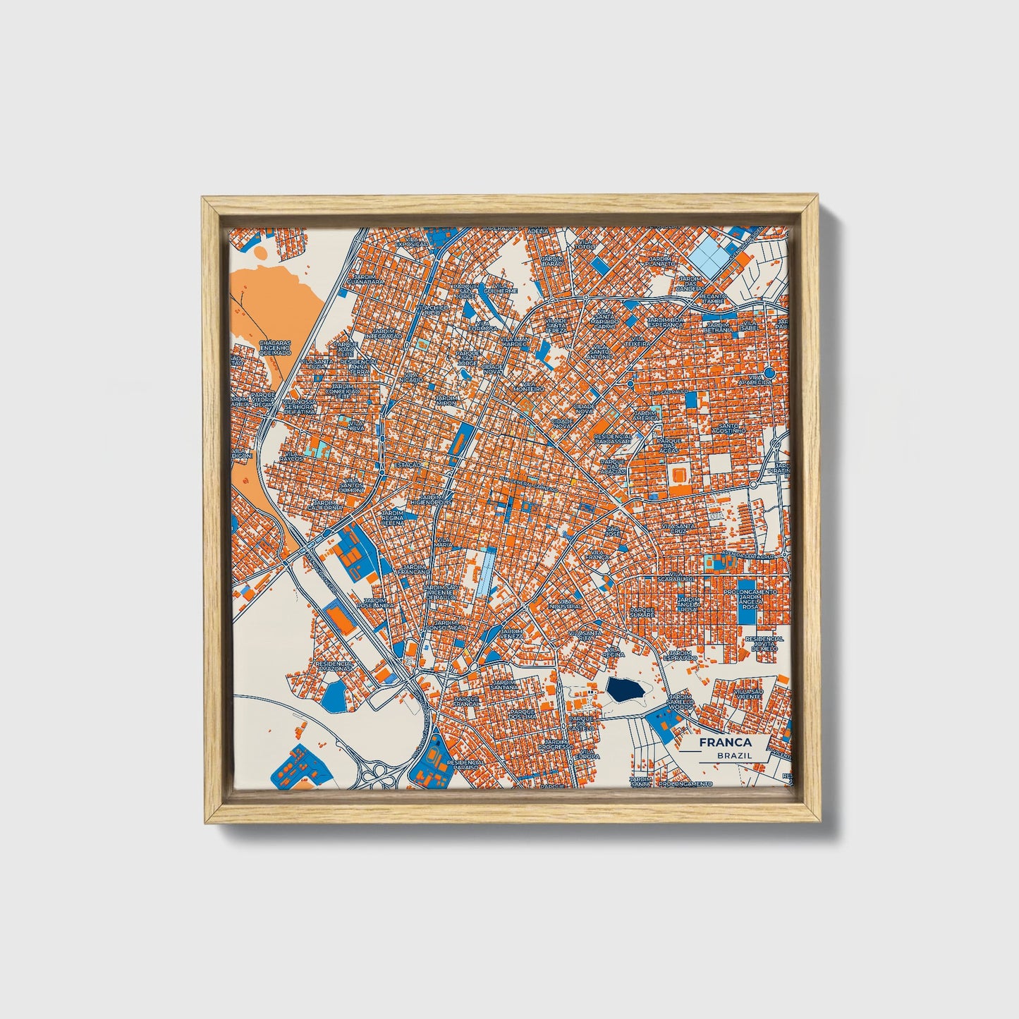 Franca Brazil Colorful City Map Canvas Print • Natural Wooden Framed