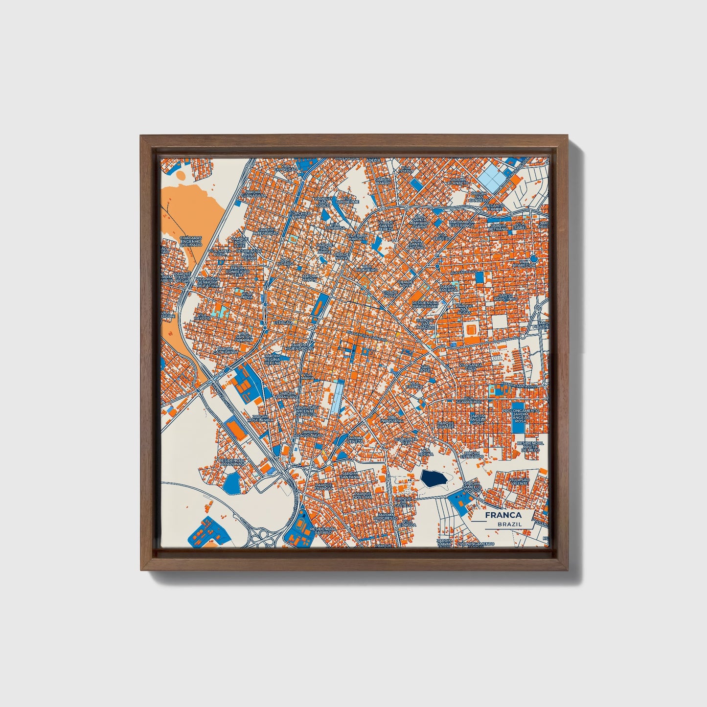 Franca Brazil Colorful City Map Canvas Print • Dark Wooden Framed