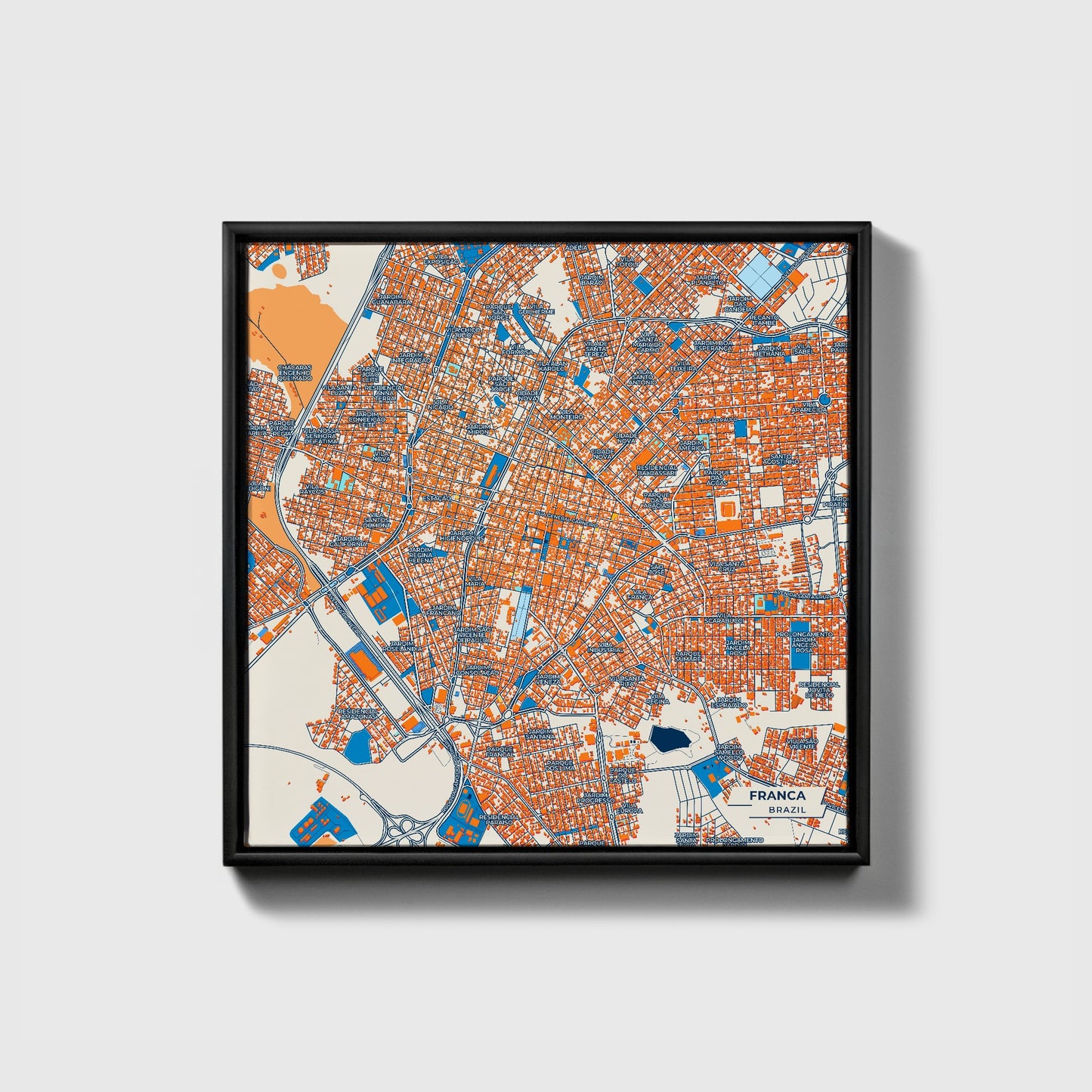 Franca Brazil Colorful City Map Canvas Print • Black Framed