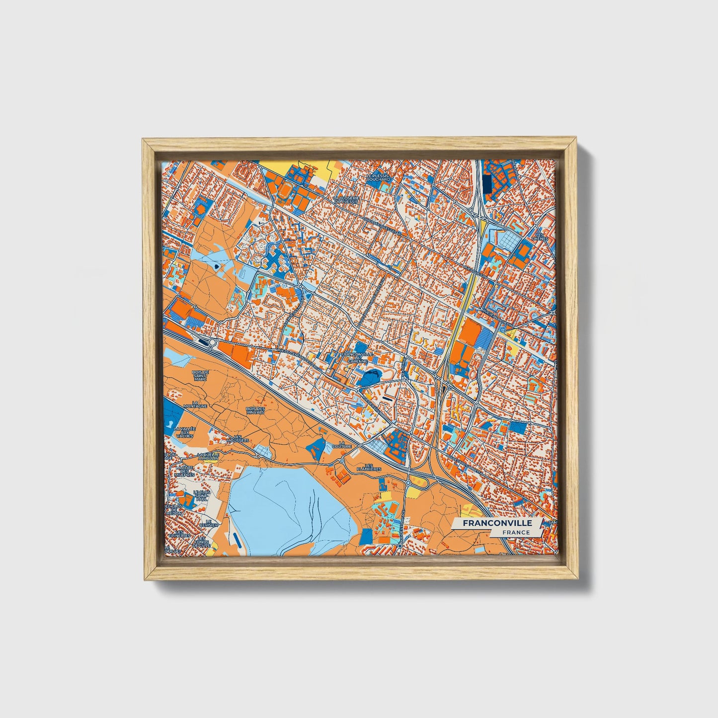 Franconville France Colorful City Map Canvas Print • Natural Wooden Framed
