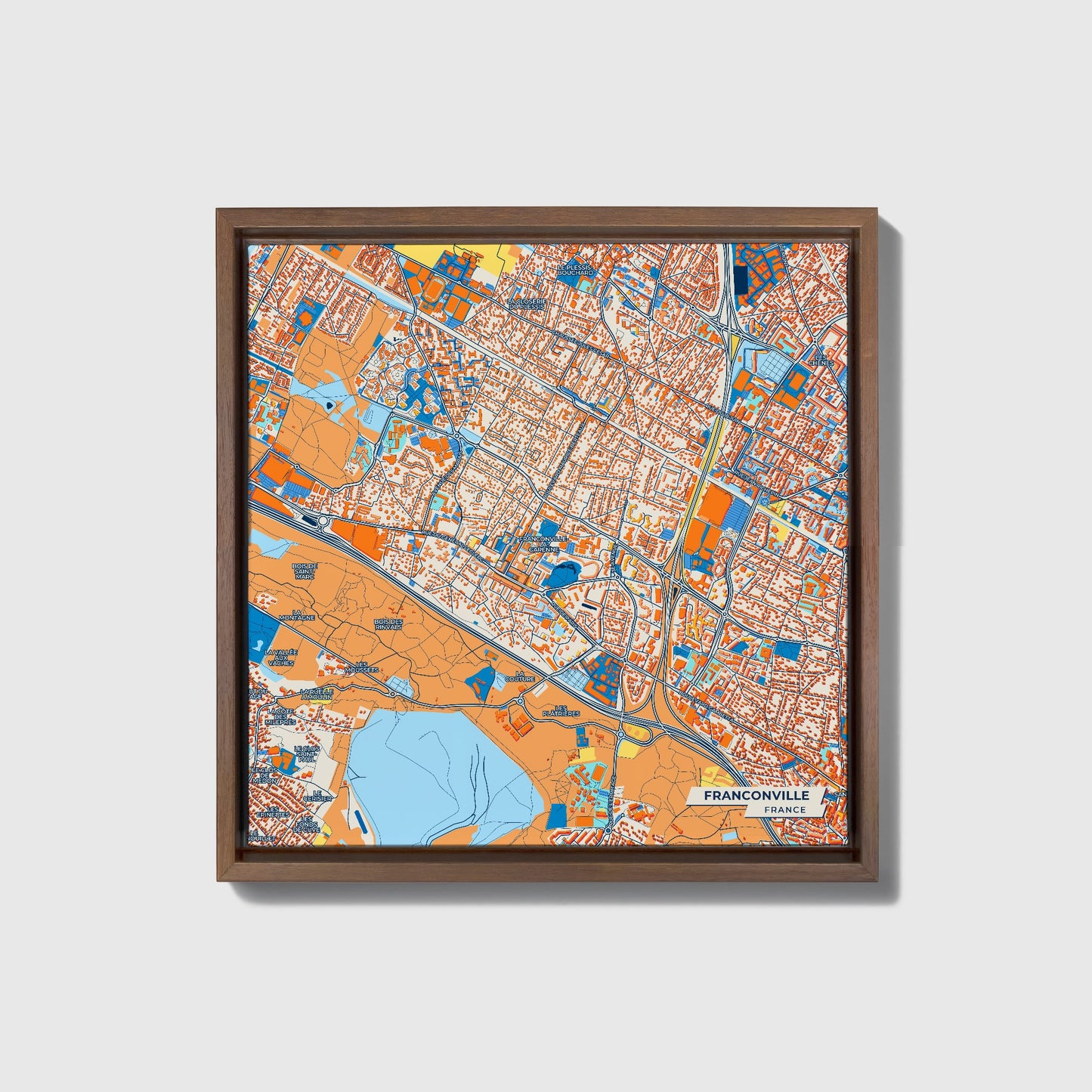 Franconville France Colorful City Map Canvas Print • Dark Wooden Framed