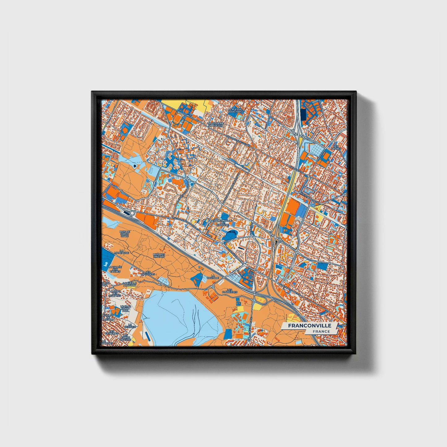 Franconville France Colorful City Map Canvas Print • Black Framed