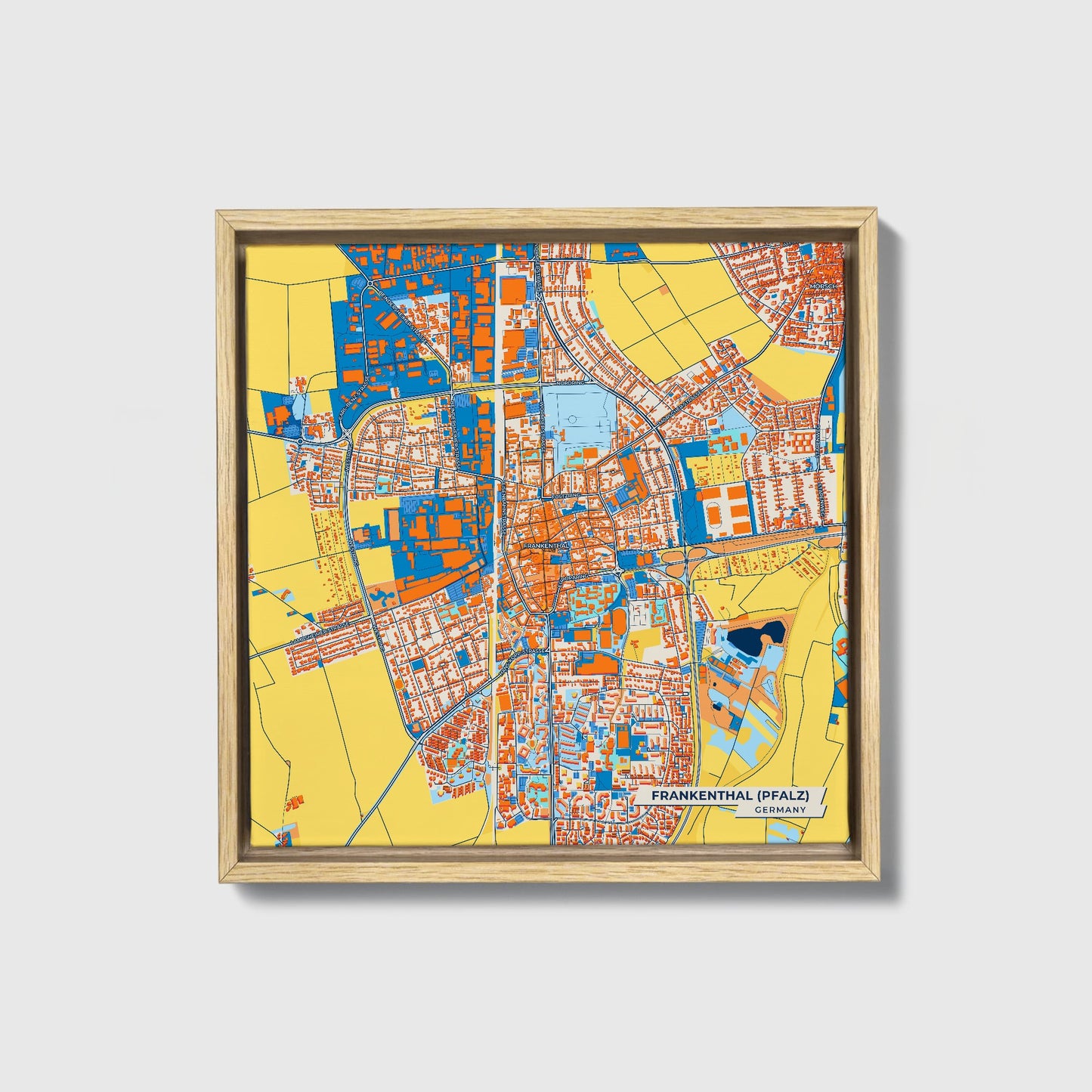 Frankenthal (Pfalz) Germany Colorful City Map Canvas Print • Natural Wooden Framed