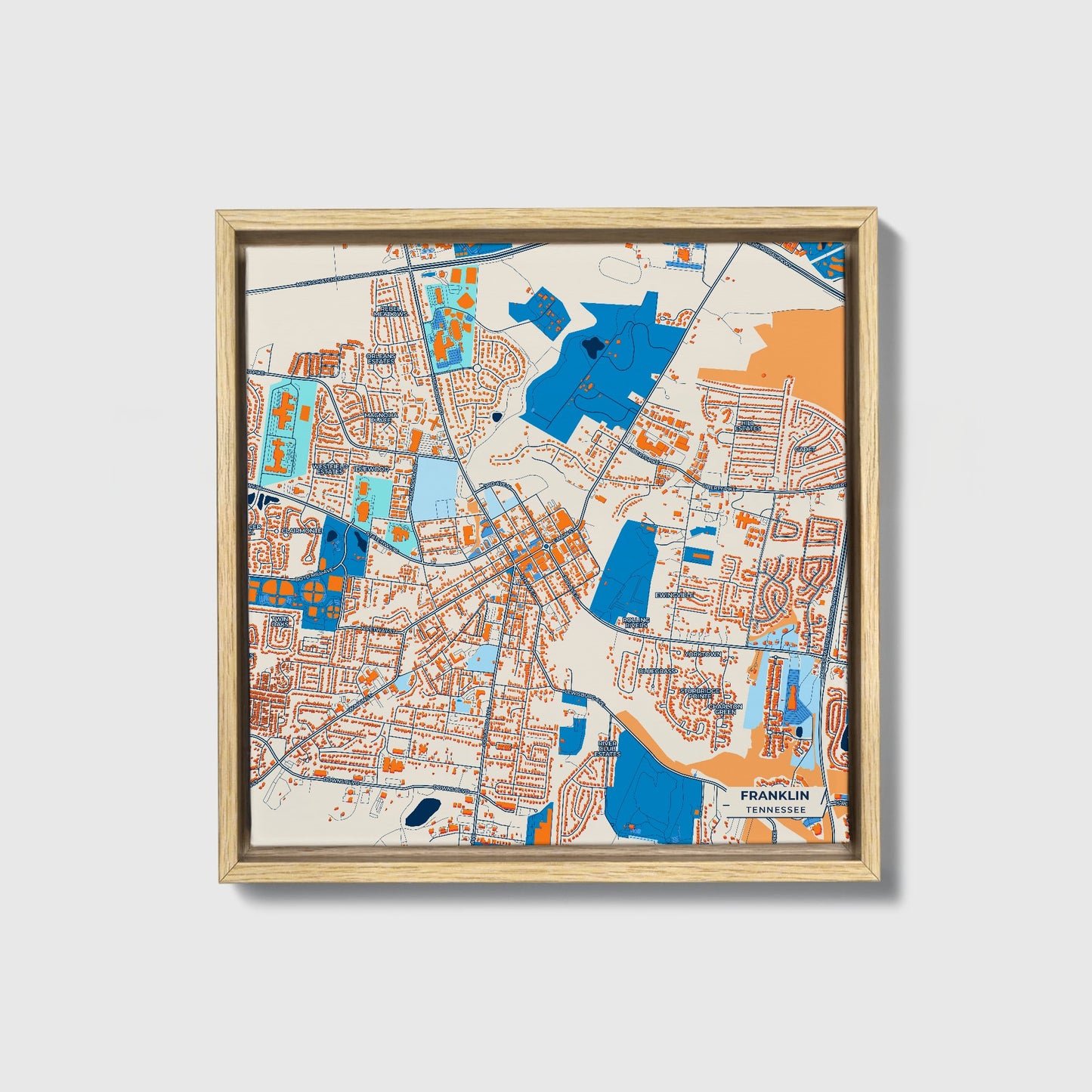 Franklin Tennessee Colorful City Map Canvas Print • Natural Wooden Framed