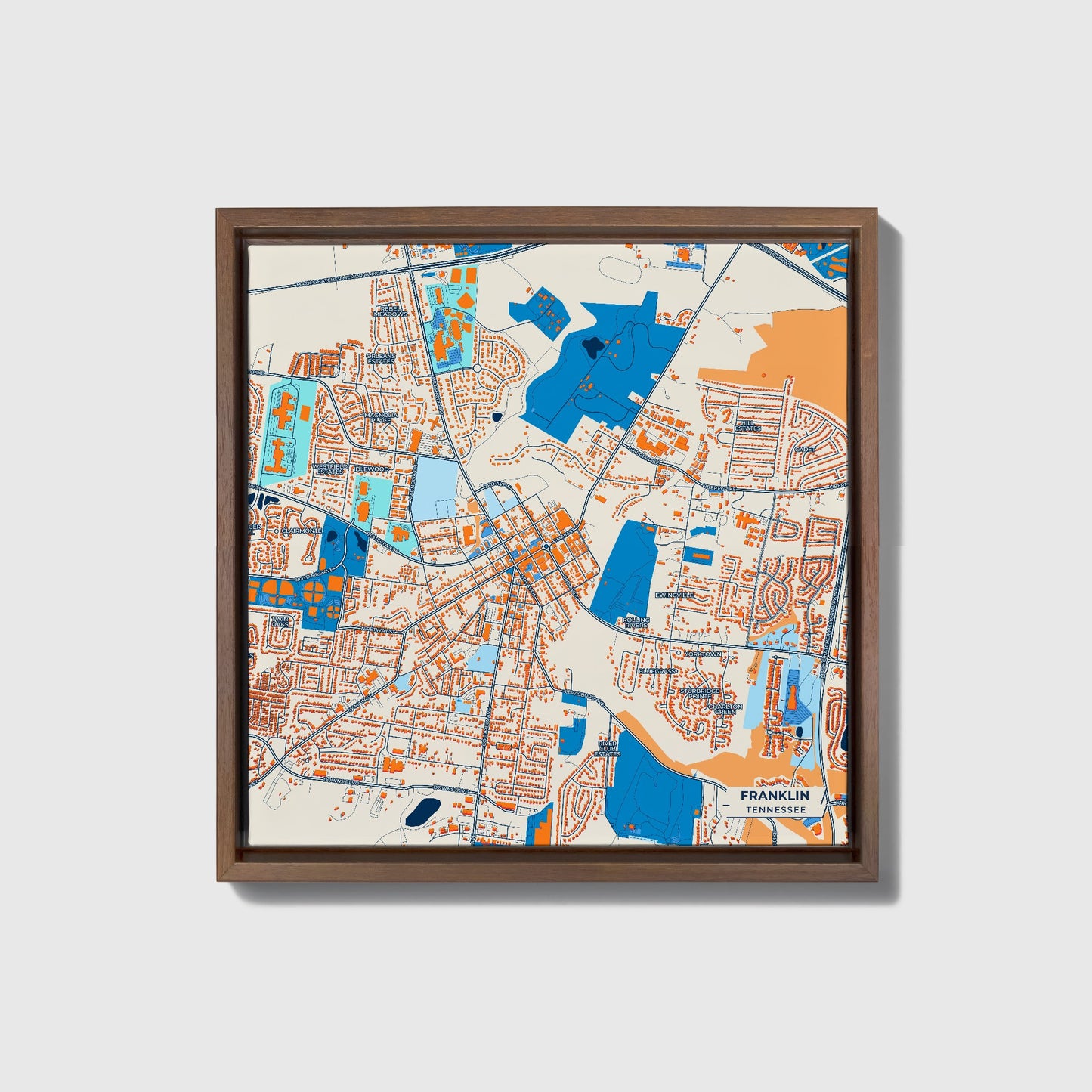 Franklin Tennessee Colorful City Map Canvas Print • Dark Wooden Framed