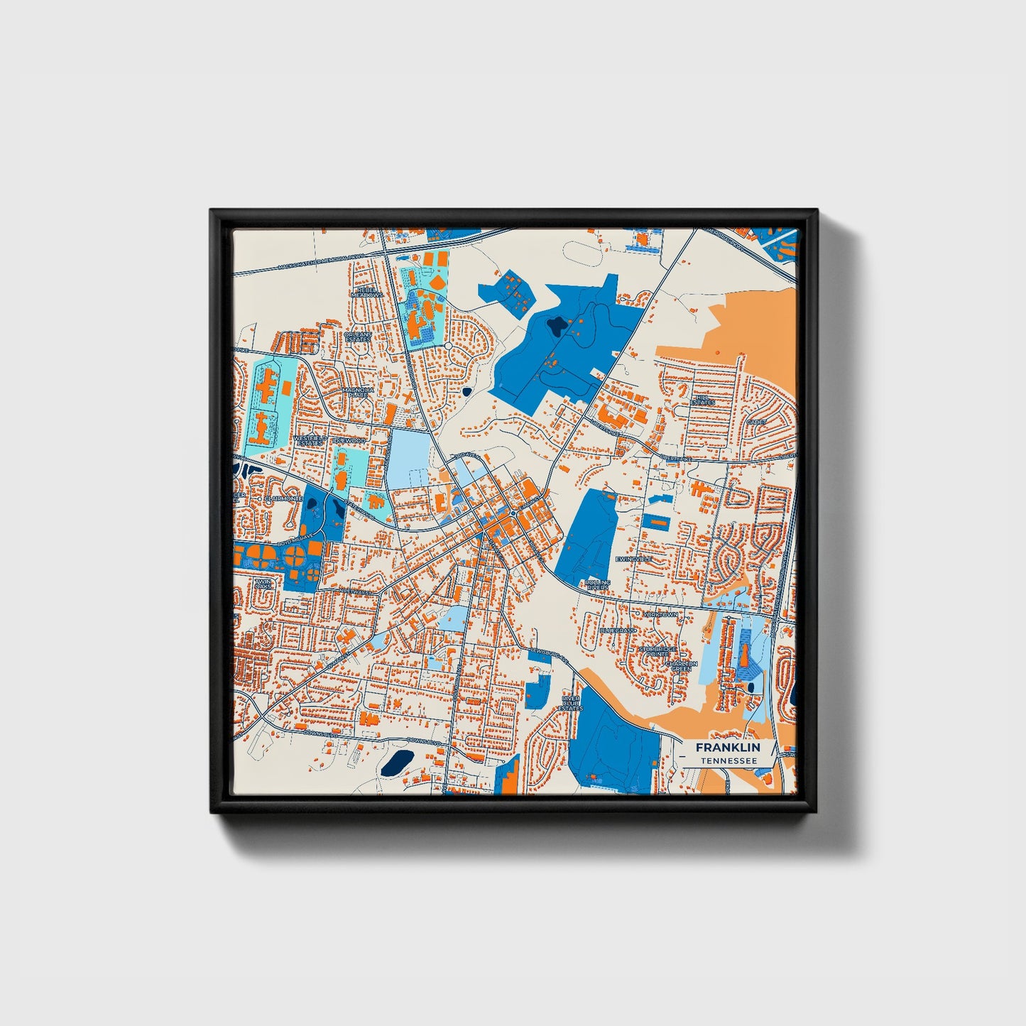 Franklin Tennessee Colorful City Map Canvas Print • Black Framed