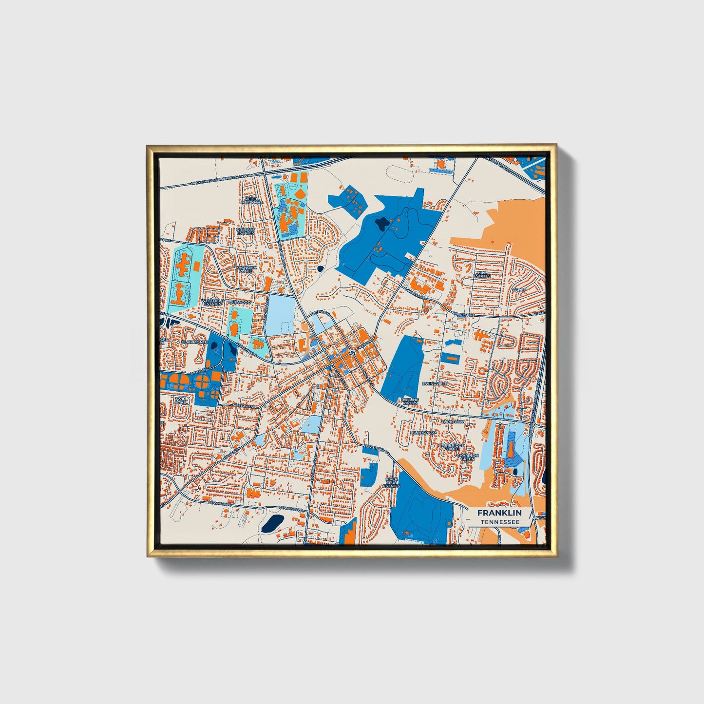 Franklin Tennessee Colorful City Map Canvas Print • Gold Framed