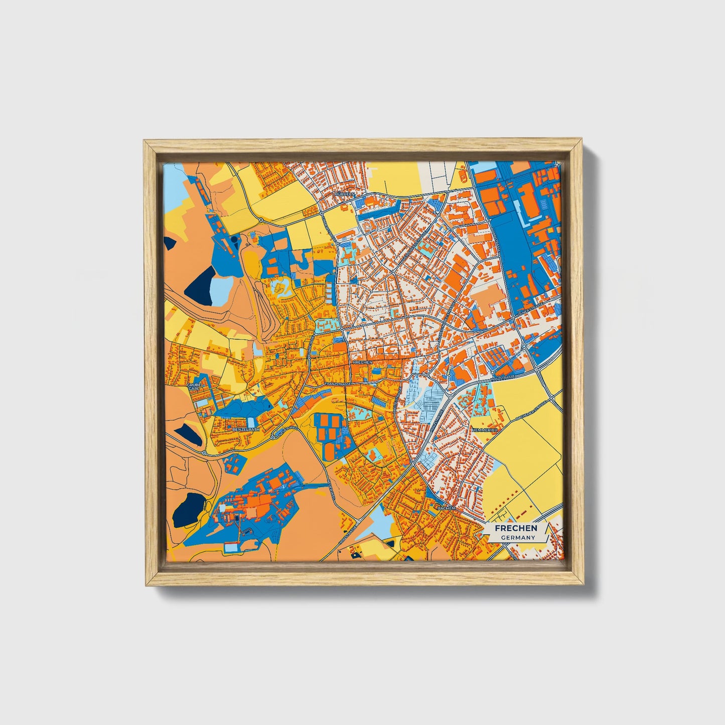 Frechen Germany Colorful City Map Canvas Print • Natural Wooden Framed