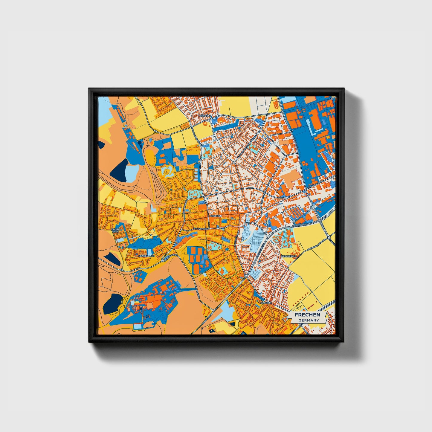 Frechen Germany Colorful City Map Canvas Print • Black Framed