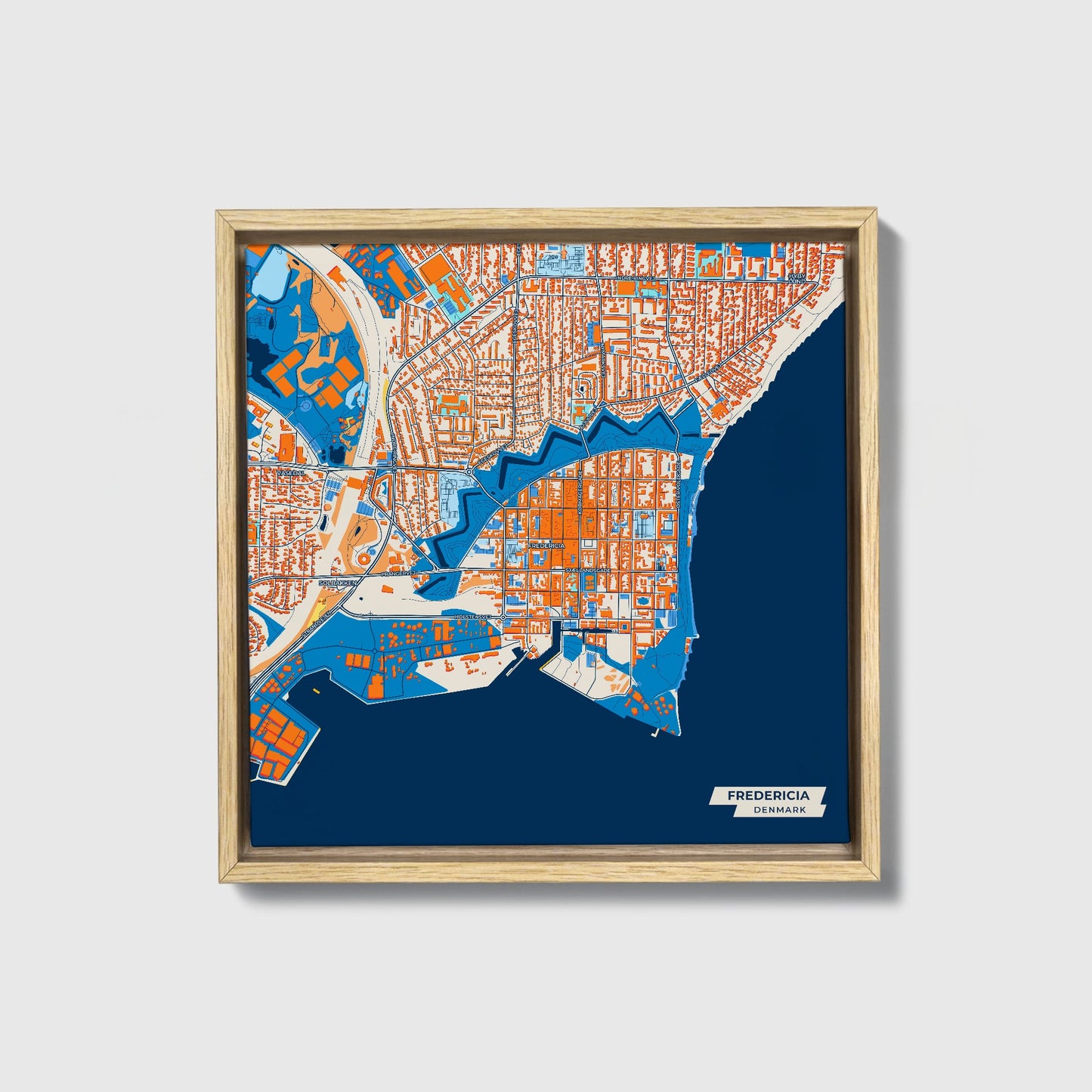 Fredericia Denmark Colorful City Map Canvas Print • Natural Wooden Framed