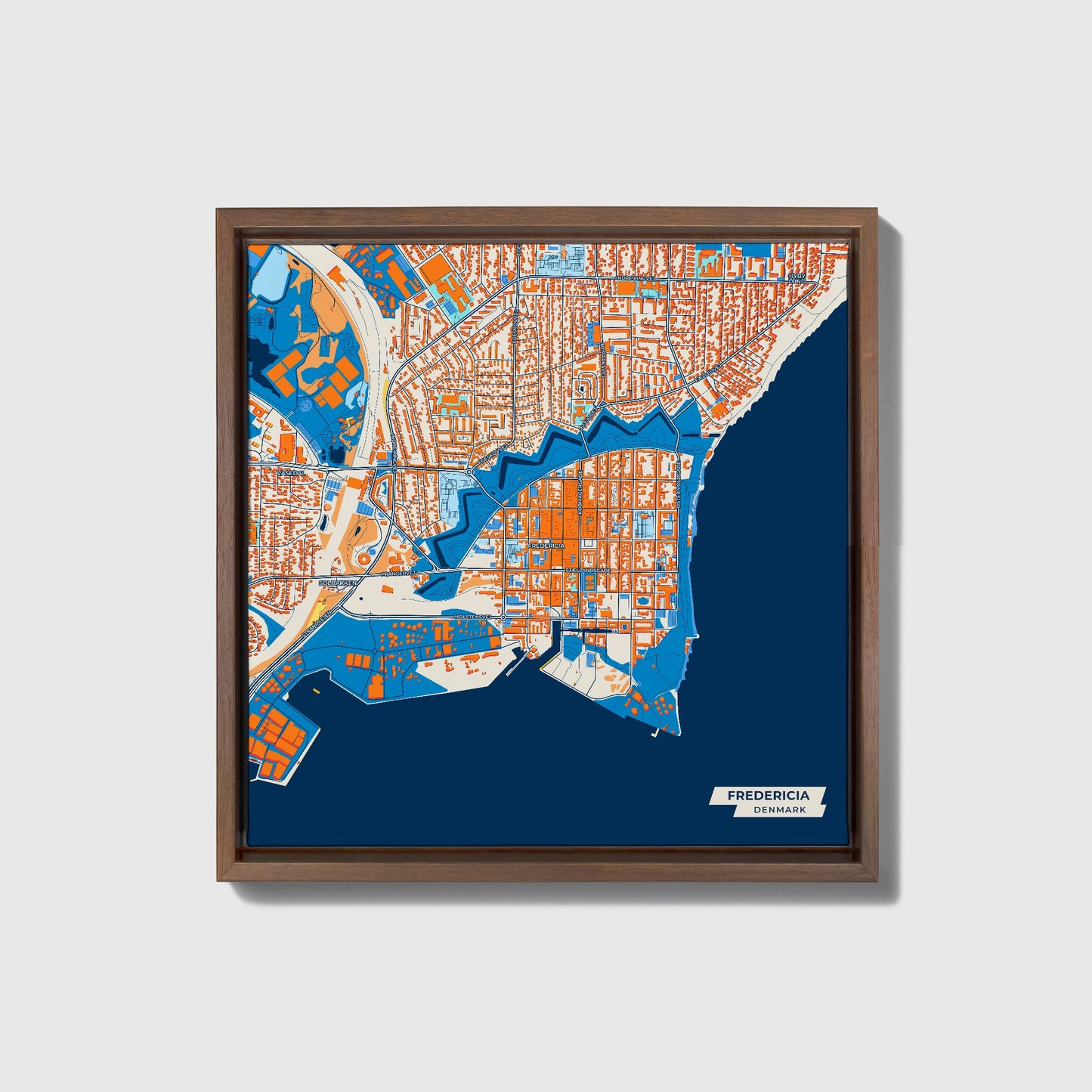 Fredericia Denmark Colorful City Map Canvas Print • Dark Wooden Framed