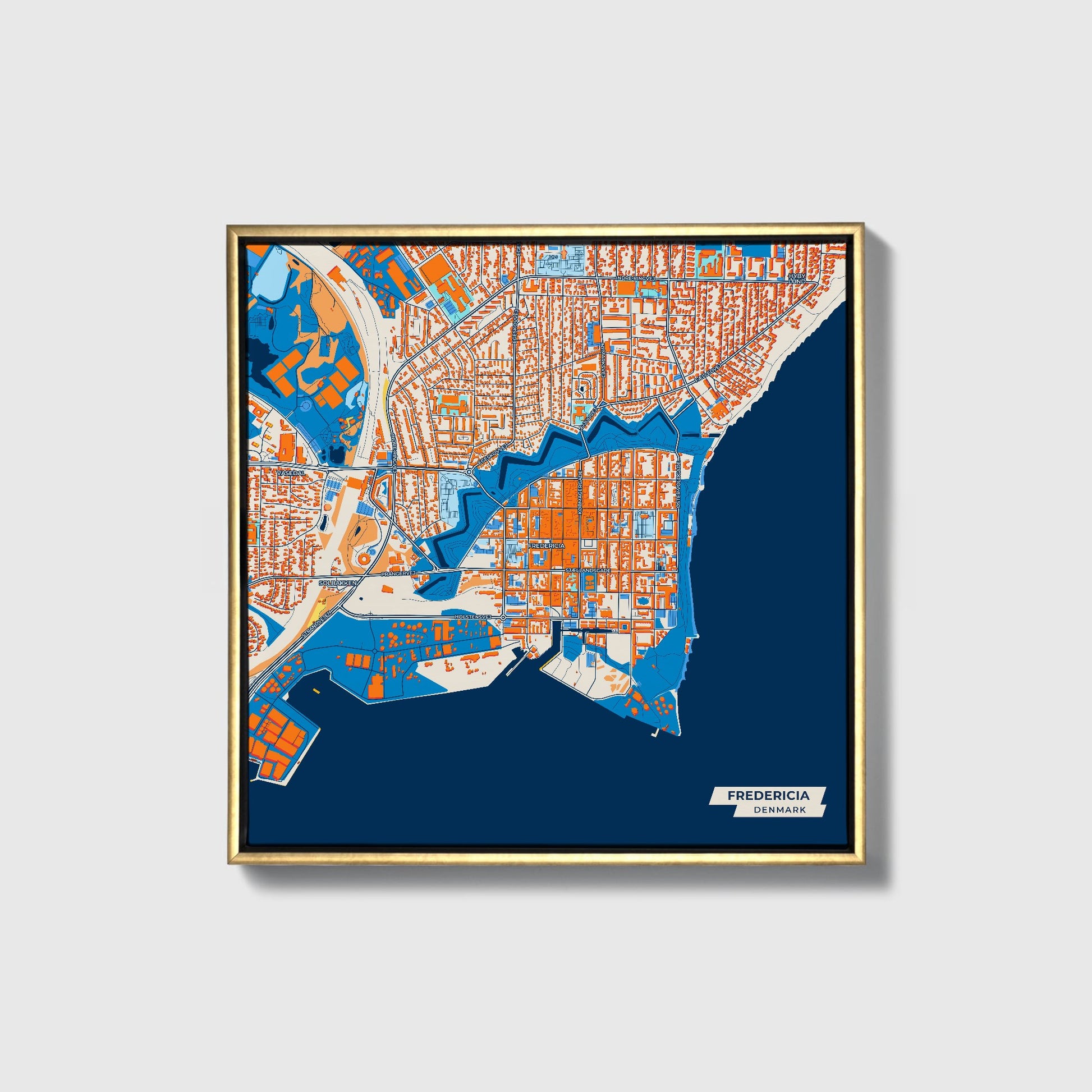 Fredericia Denmark Colorful City Map Canvas Print • Gold Framed