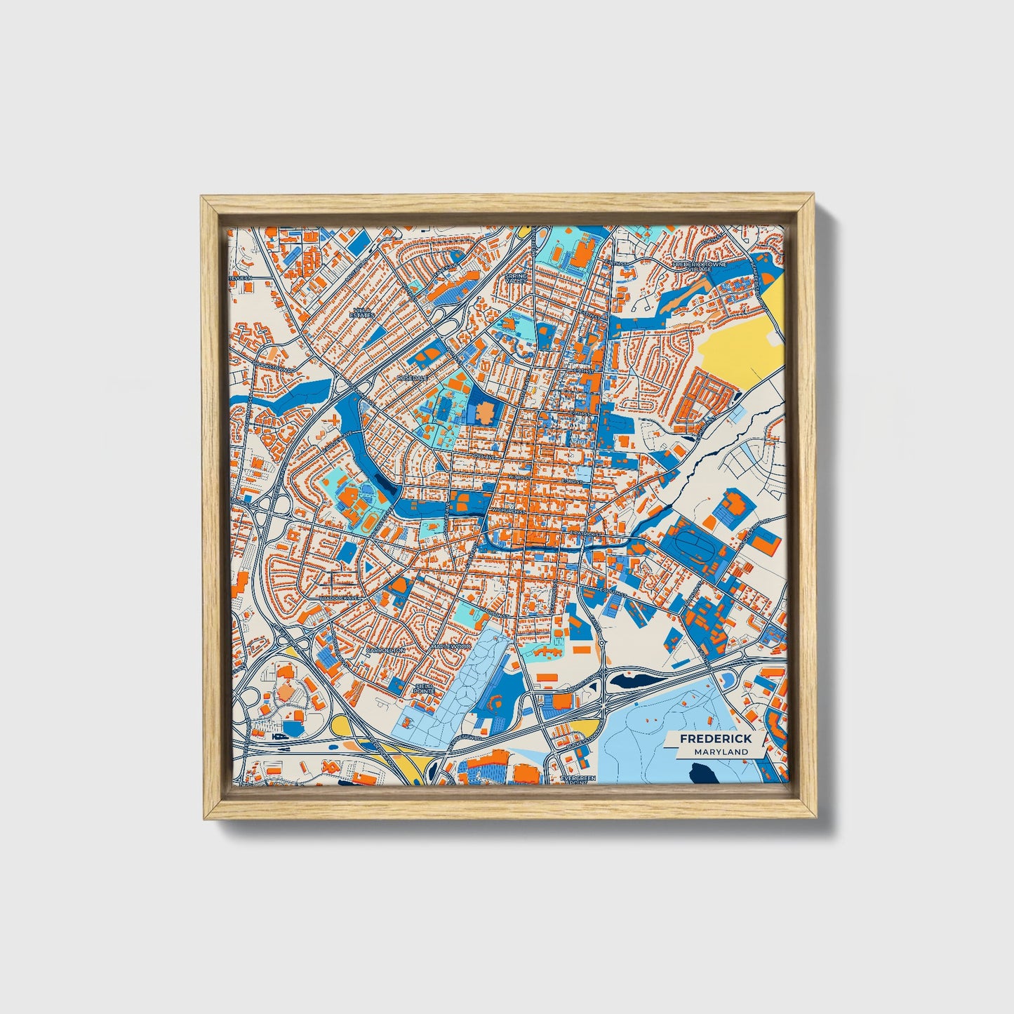 Frederick Maryland Colorful City Map Canvas Print • Natural Wooden Framed
