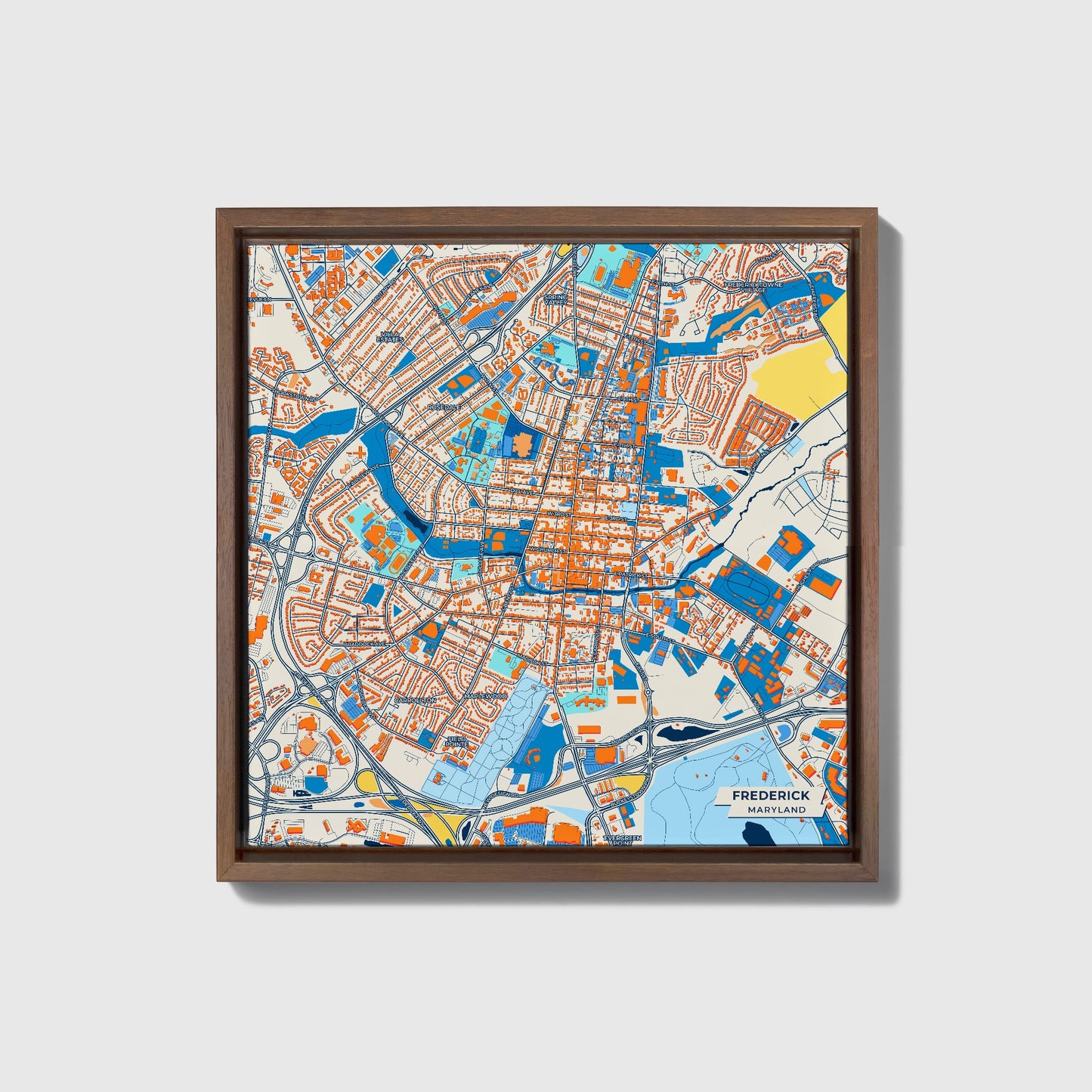 Frederick Maryland Colorful City Map Canvas Print • Dark Wooden Framed