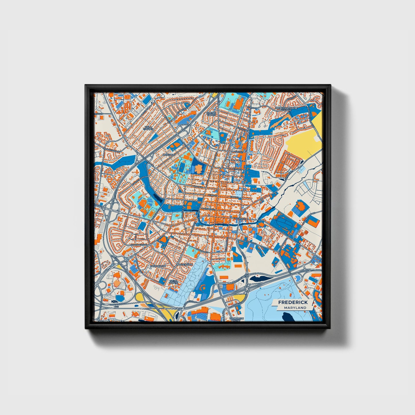 Frederick Maryland Colorful City Map Canvas Print • Black Framed