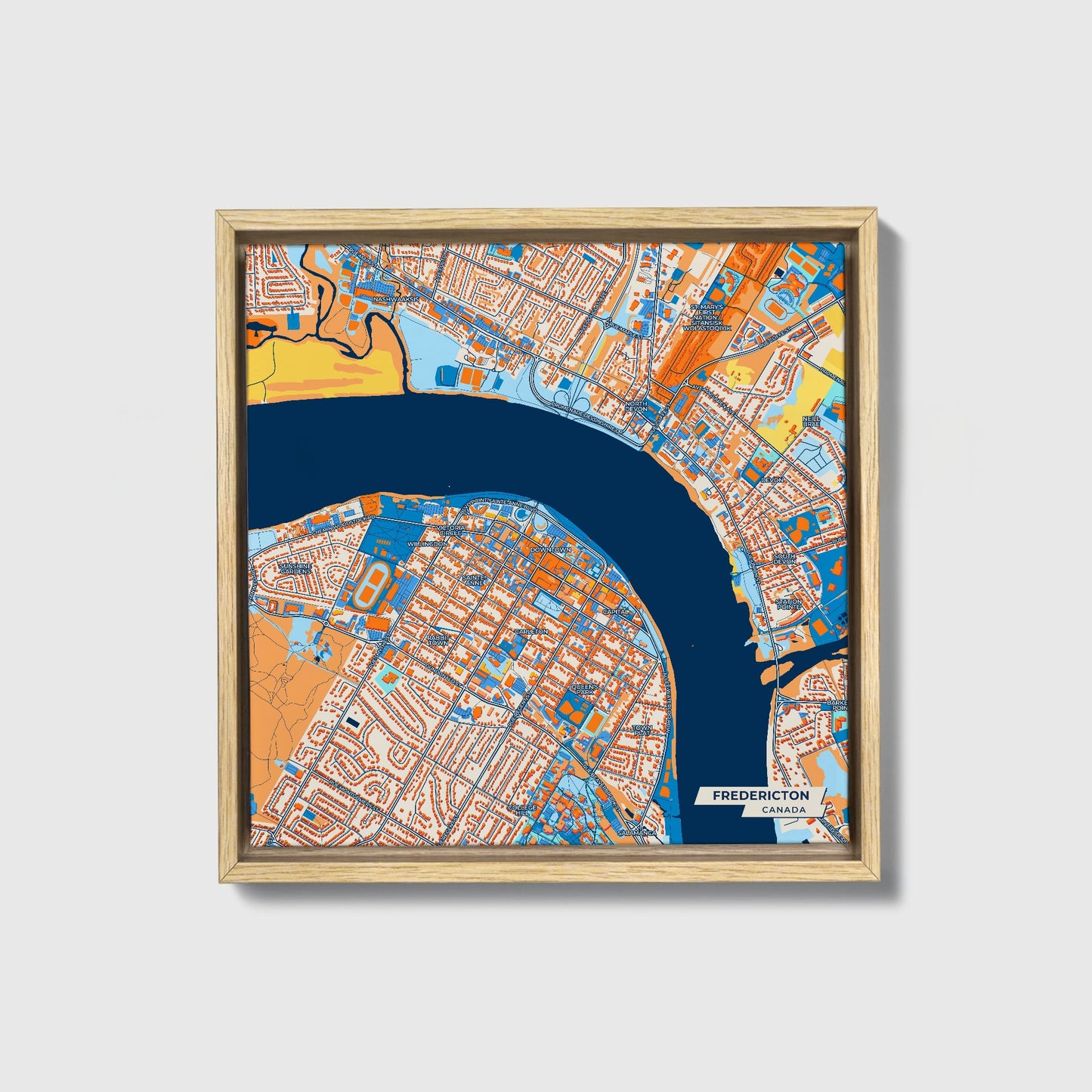 Fredericton Canada Colorful City Map Canvas Print • Natural Wooden Framed