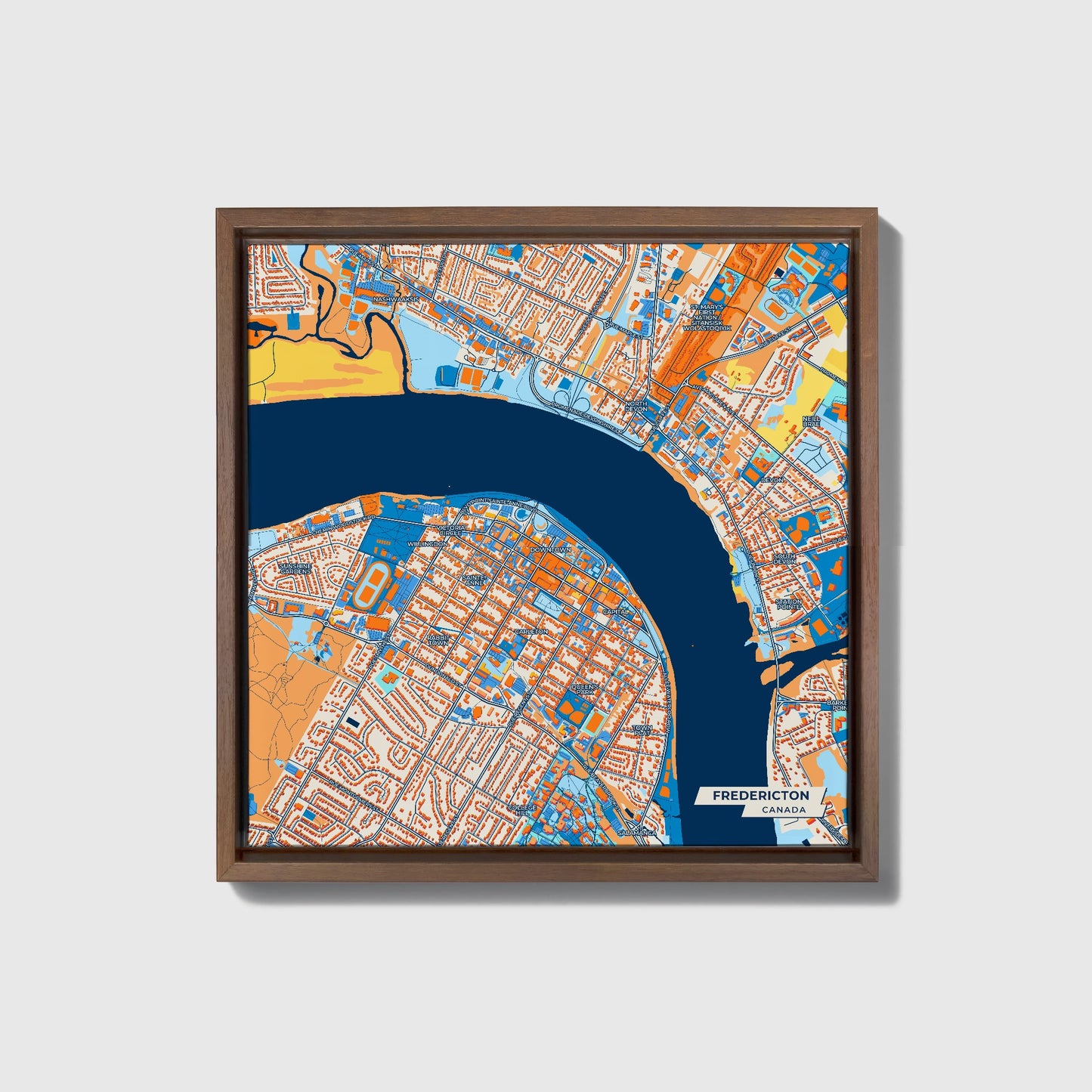 Fredericton Canada Colorful City Map Canvas Print • Dark Wooden Framed