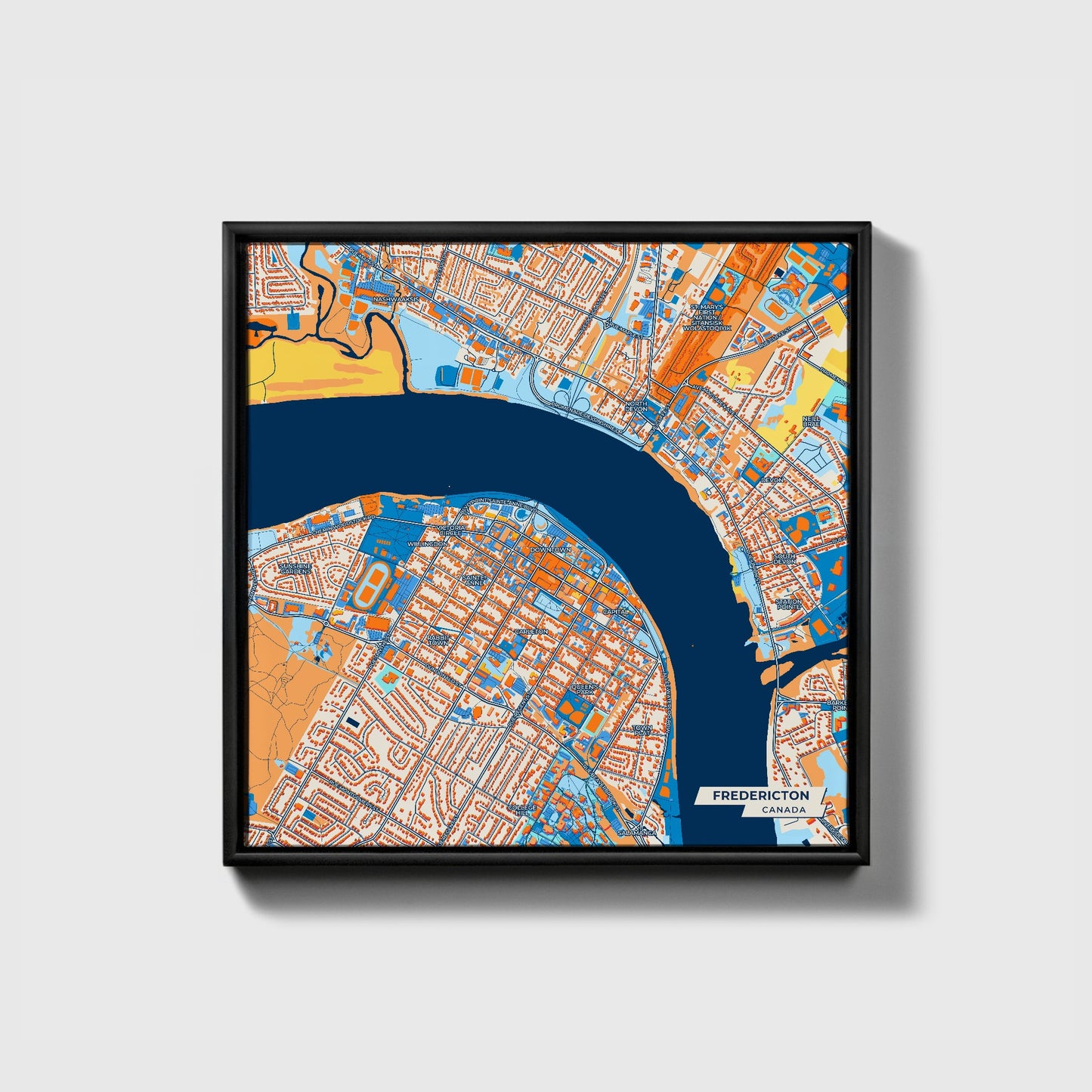 Fredericton Canada Colorful City Map Canvas Print • Black Framed