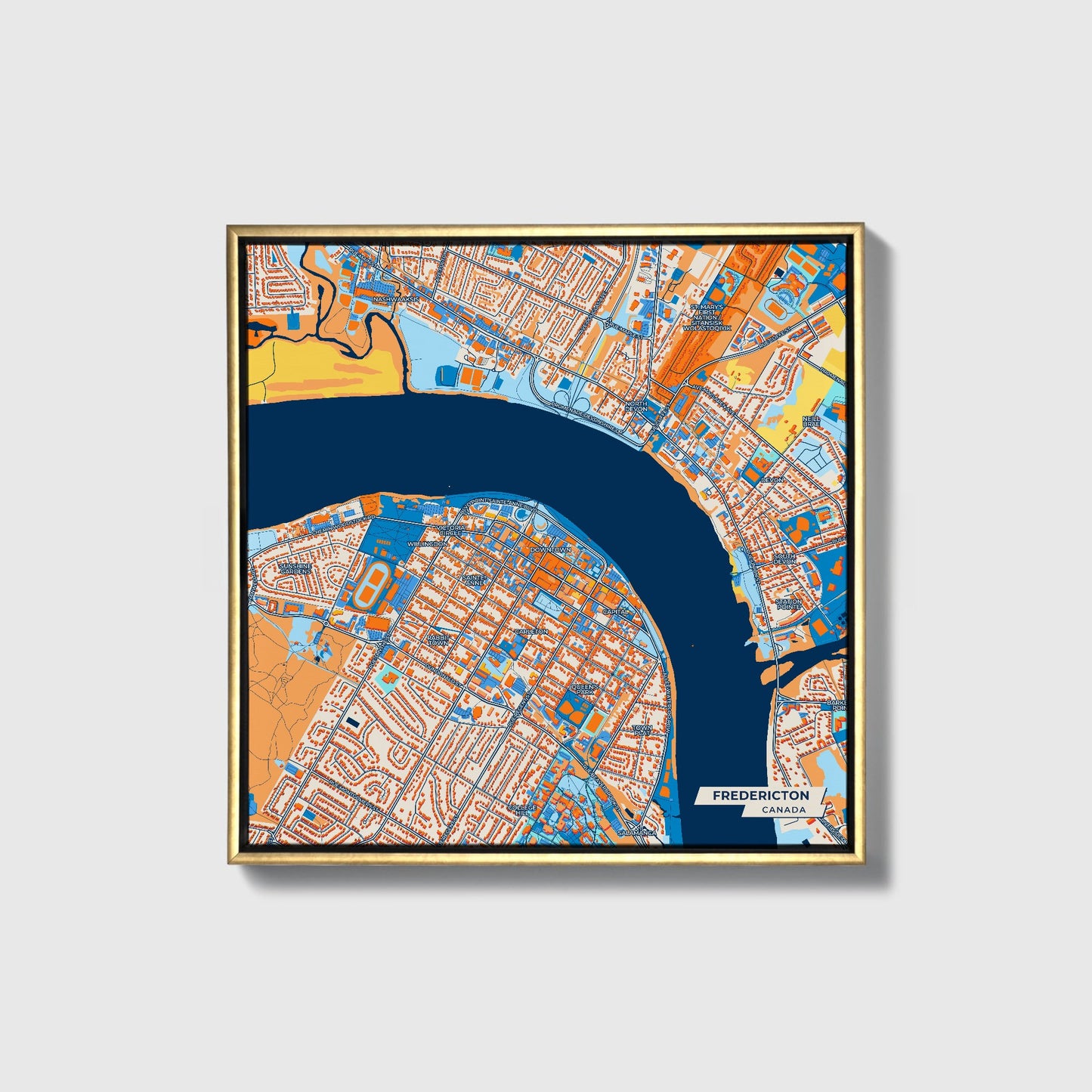 Fredericton Canada Colorful City Map Canvas Print • Gold Framed
