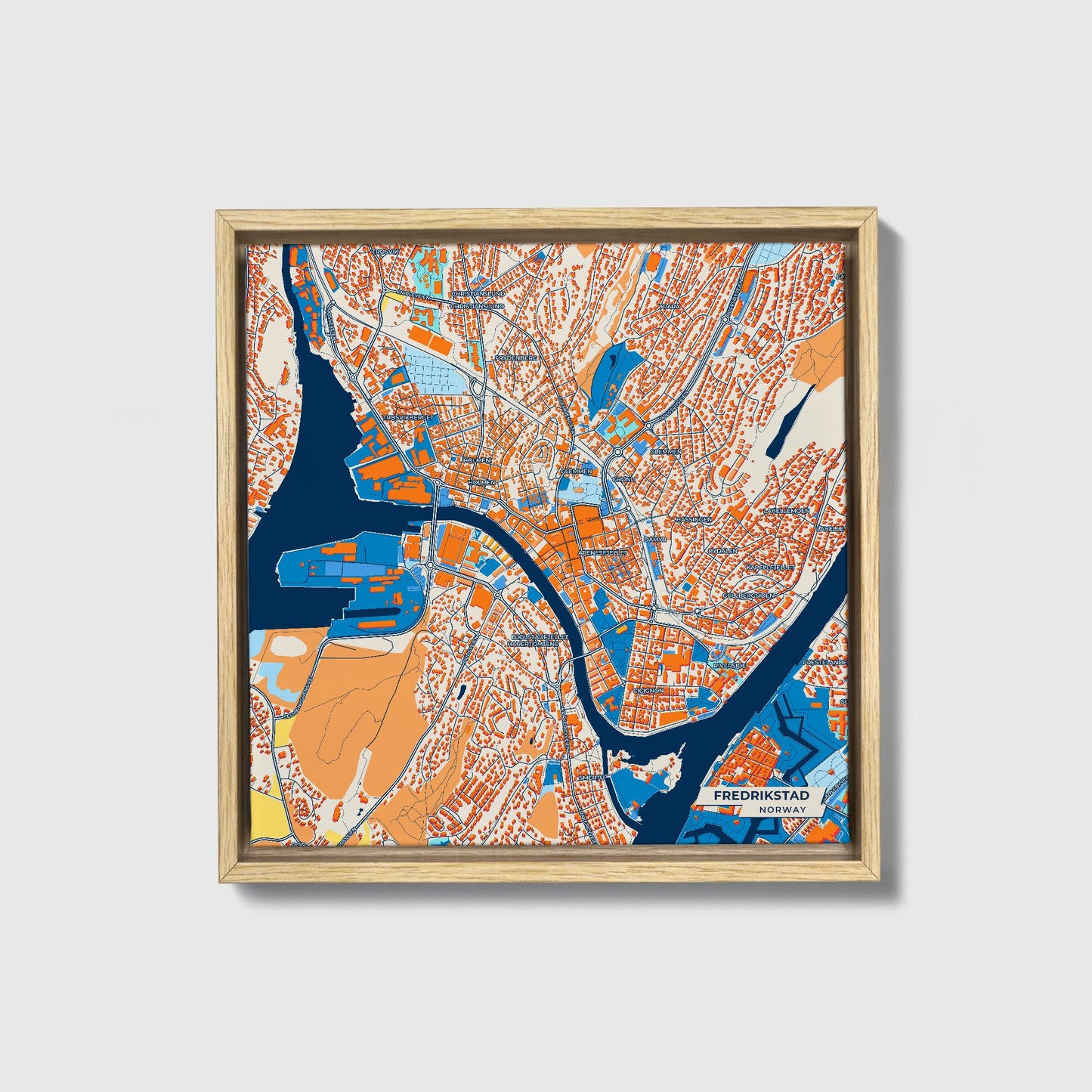 Fredrikstad Norway Colorful City Map Canvas Print • Natural Wooden Framed