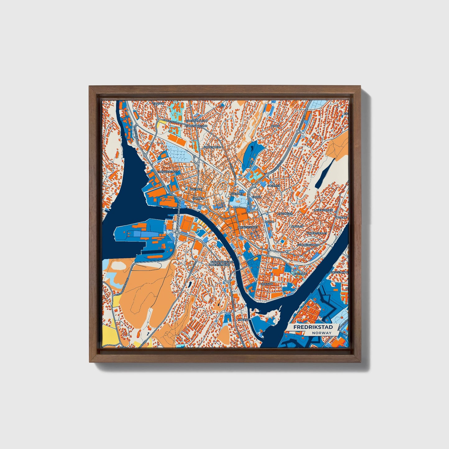 Fredrikstad Norway Colorful City Map Canvas Print • Dark Wooden Framed