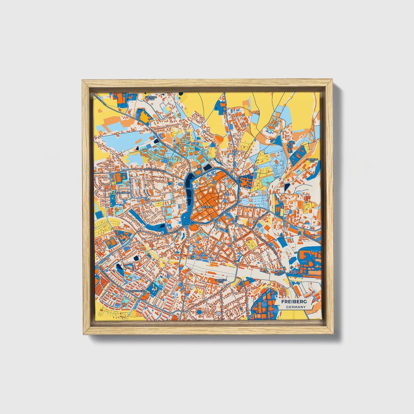 Freiberg Germany Colorful City Map Canvas Print • Natural Wooden Framed