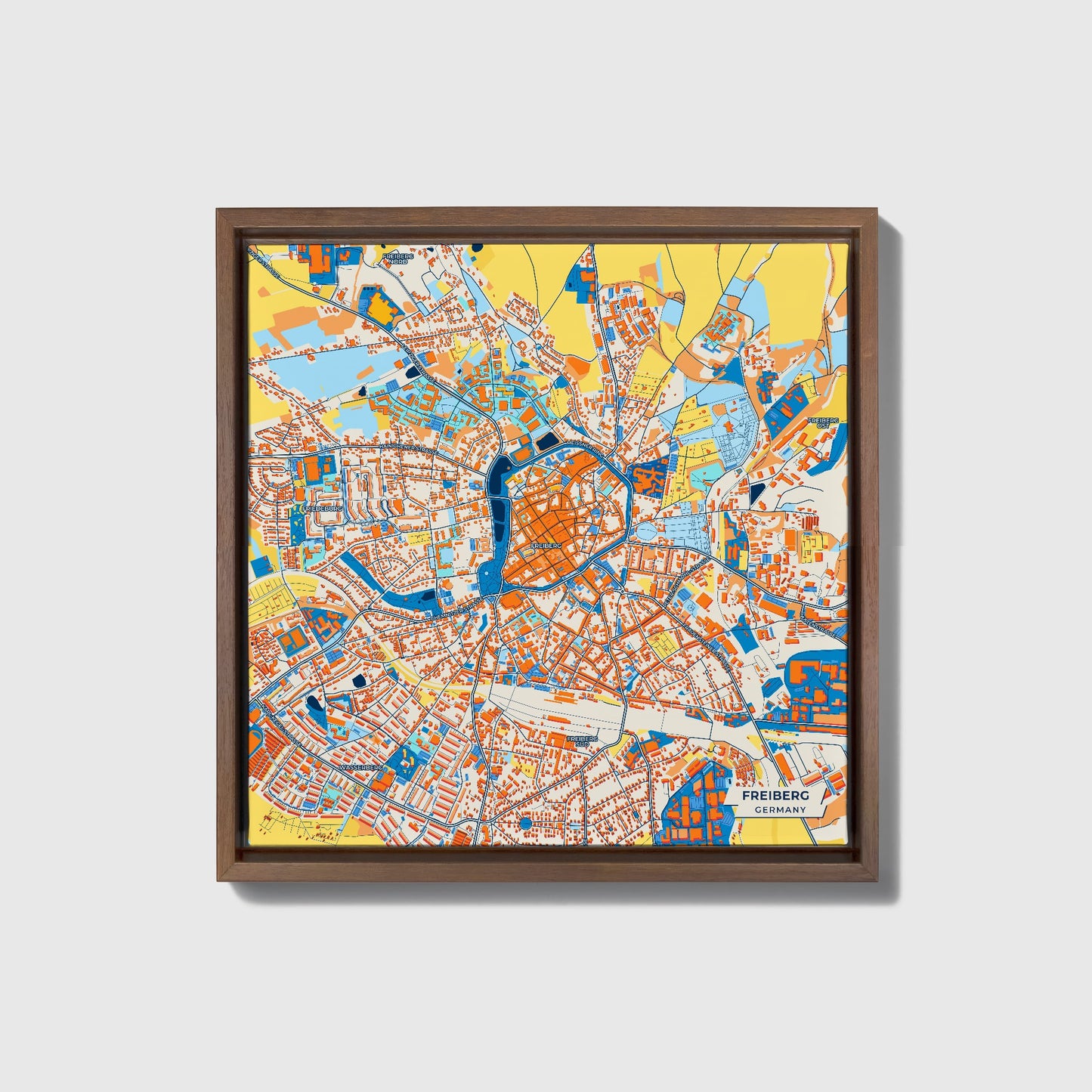 Freiberg Germany Colorful City Map Canvas Print • Dark Wooden Framed