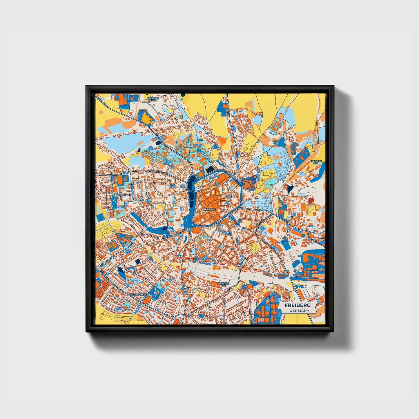 Freiberg Germany Colorful City Map Canvas Print • Black Framed