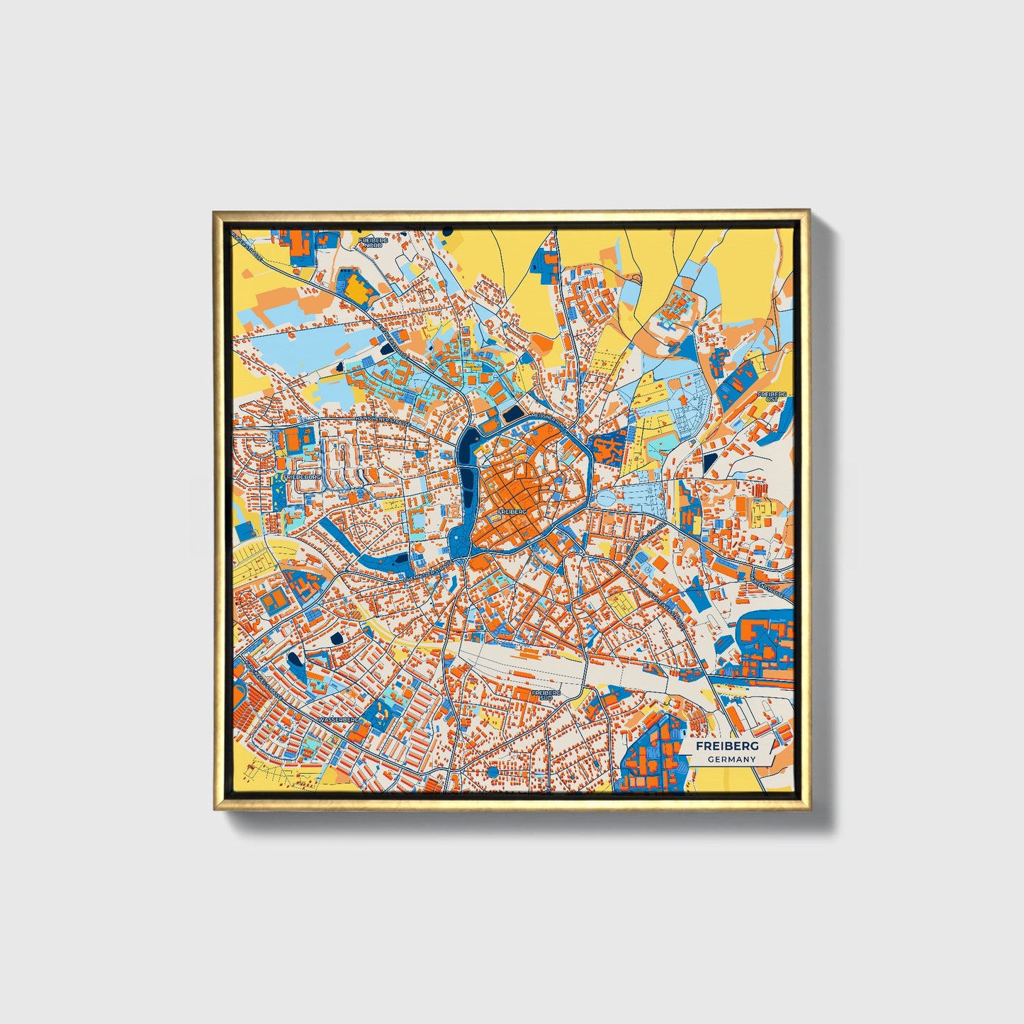 Freiberg Germany Colorful City Map Canvas Print • Gold Framed