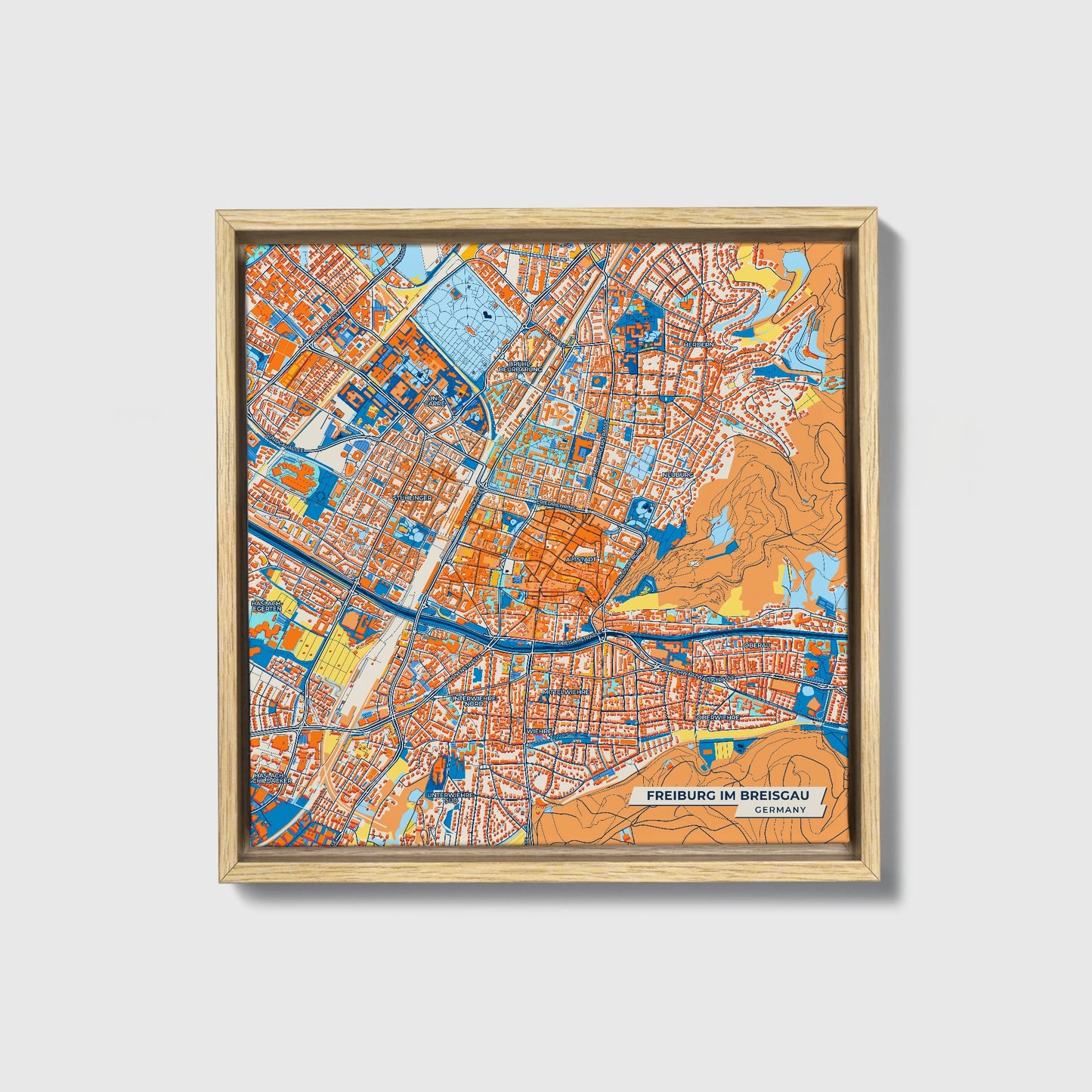 Freiburg Im Breisgau Germany Colorful City Map Canvas Print • Natural Wooden Framed